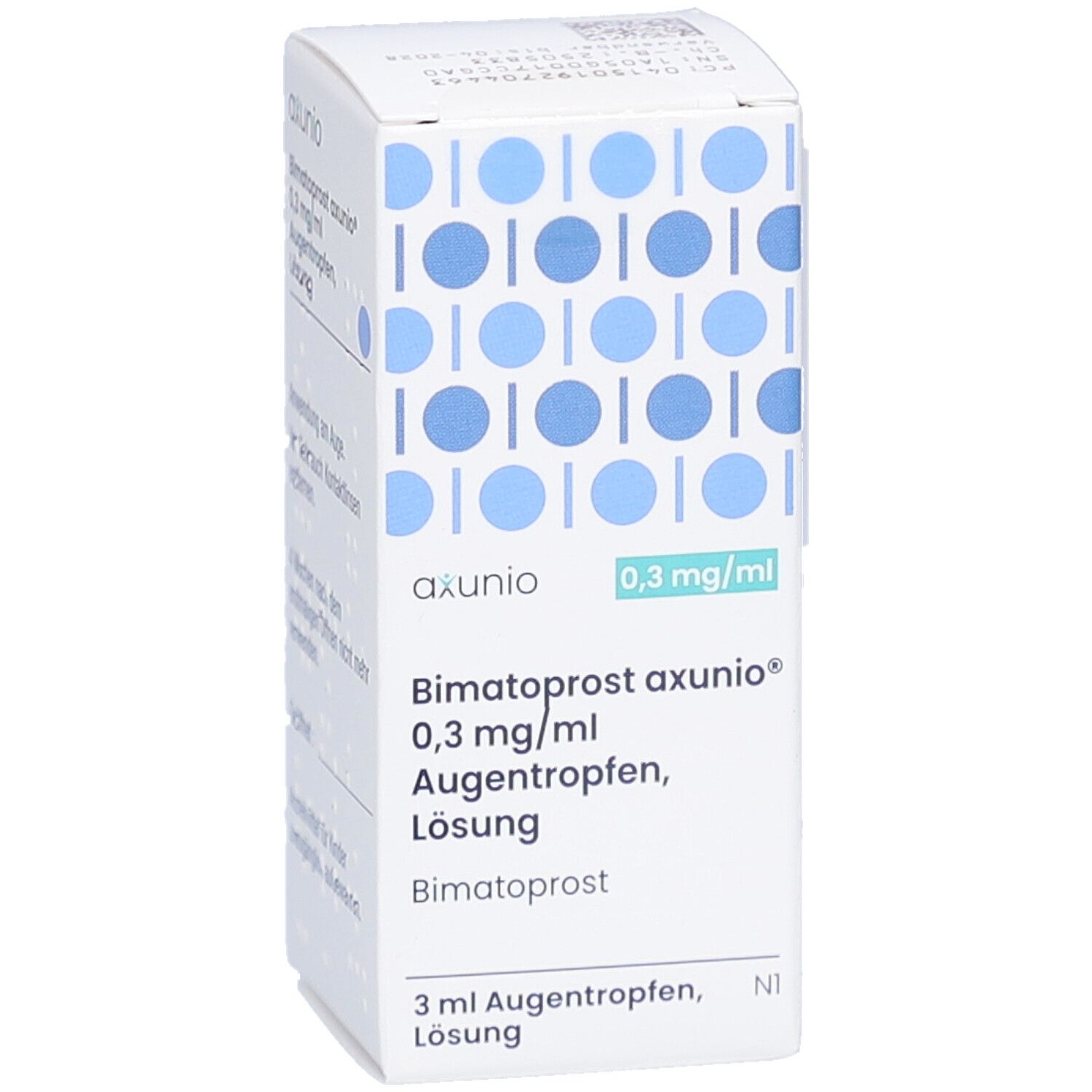 Weiße Faltschachtel mit blauen Kreismustern. Aufdruck: axunio, 0,3 mg/ml, Bimatoprost axunio Augentropfen, Lösung. 3 ml.