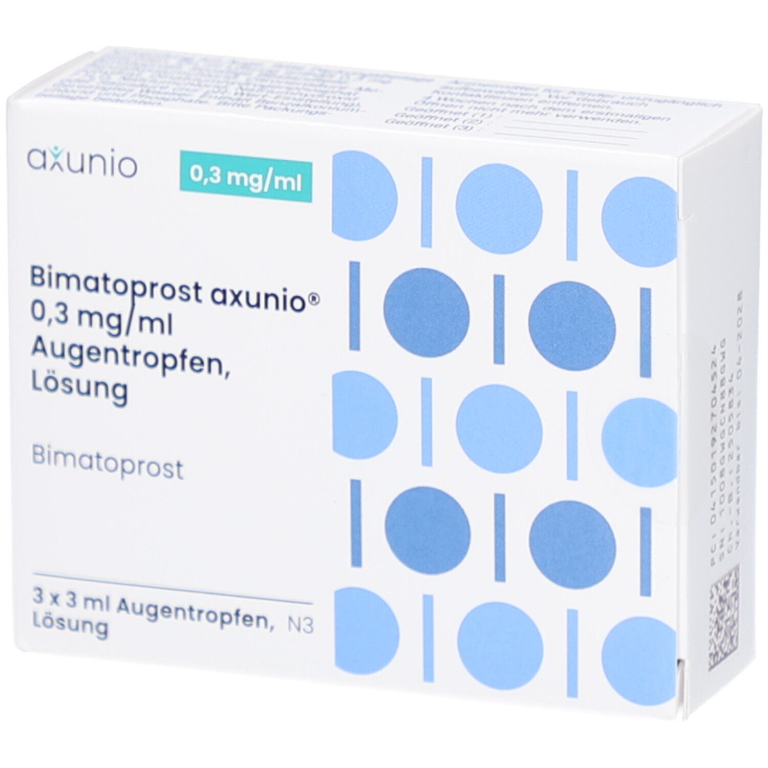 Weiße Faltschachtel mit blauen Kreisen. Aufdruck: axunio, 0,3 mg/ml, Bimatoprost axunio 0,3 mg/ml Augentropfen Lösung. 3 x 3 ml.