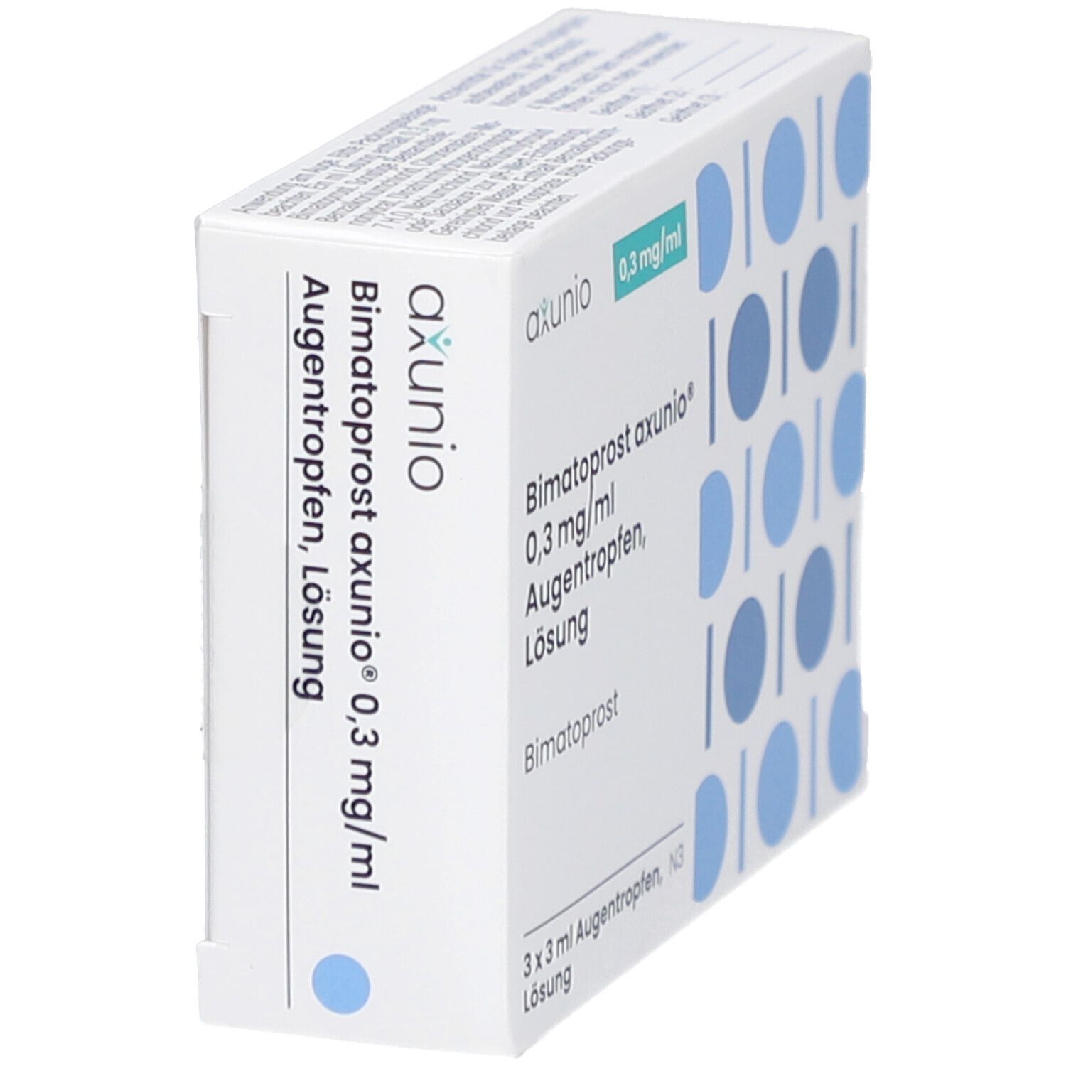 Schräg stehende weiße Faltschachtel mit blauen Kreisen. Aufdruck: axunio, Bimatoprost axunio 0,3 mg/ml Augentropfen Lösung. 3 x 3 ml.