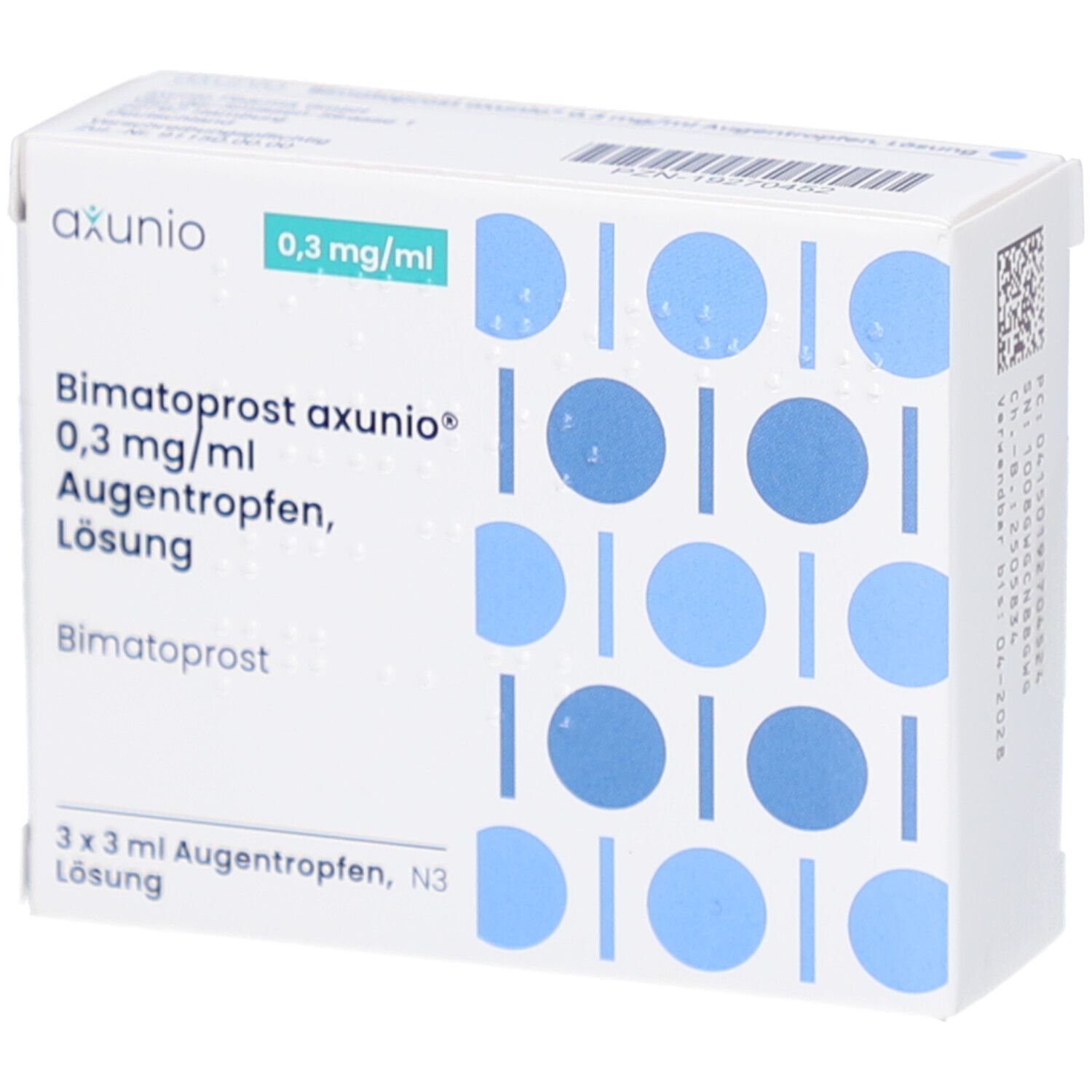 Weiße Faltschachtel mit blauen Kreisen. Aufdruck: axunio, 0,3 mg/ml, Bimatoprost axunio 0,3 mg/ml Augentropfen Lösung. 3 x 3 ml.