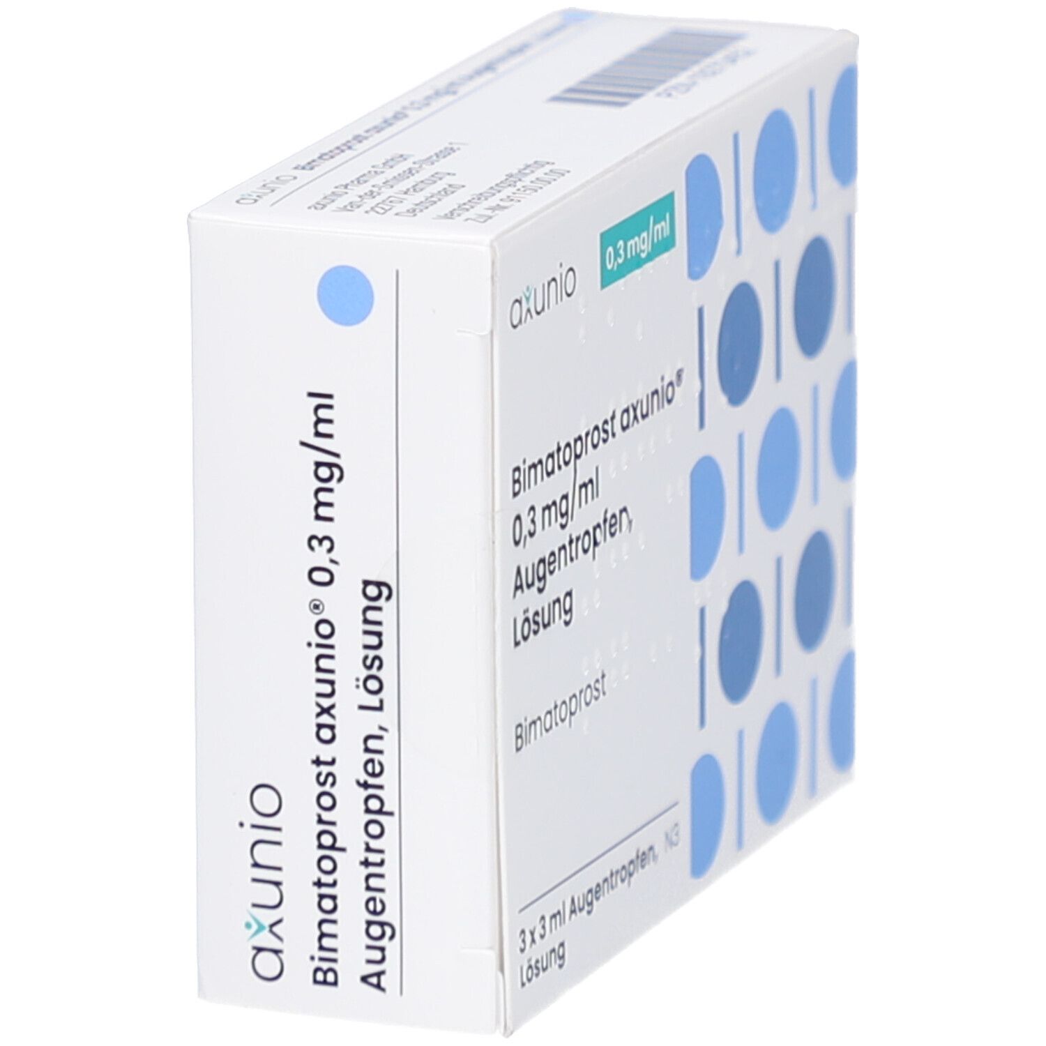 Schräg stehende weiße Faltschachtel mit blauen Kreisen. Aufdruck: axunio, Bimatoprost axunio 0,3 mg/ml Augentropfen Lösung. 3 x 3 ml.