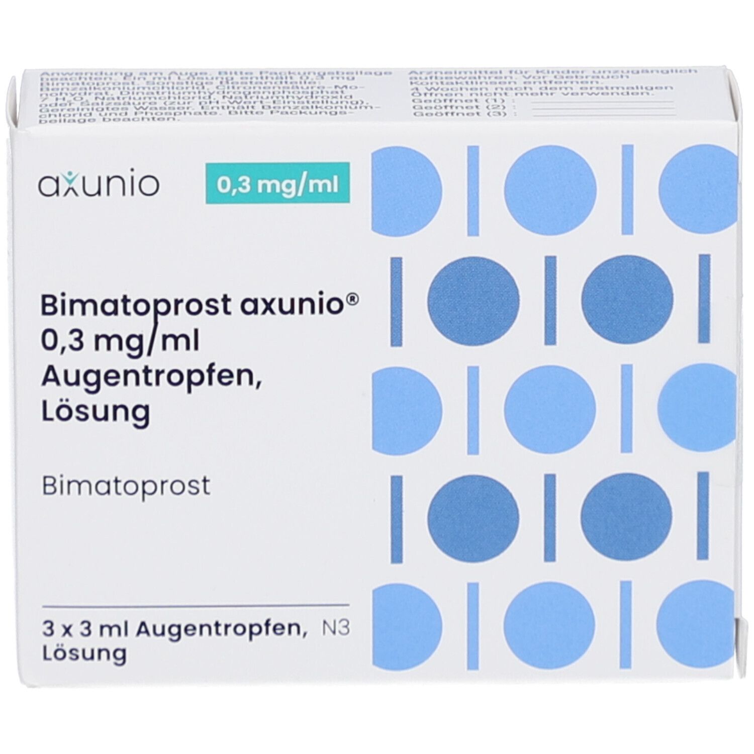 Weiße Faltschachtel mit blauen Kreisen. Aufdruck: axunio, 0,3 mg/ml, Bimatoprost axunio 0,3 mg/ml Augentropfen Lösung. 3 x 3 ml.