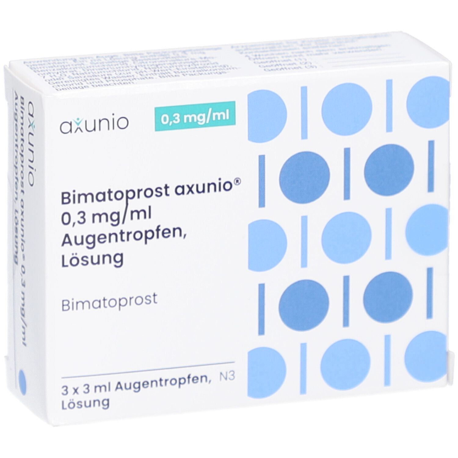 Weiße Faltschachtel mit blauen Kreisen. Aufdruck: axunio, 0,3 mg/ml, Bimatoprost axunio 0,3 mg/ml Augentropfen Lösung. 3 x 3 ml.