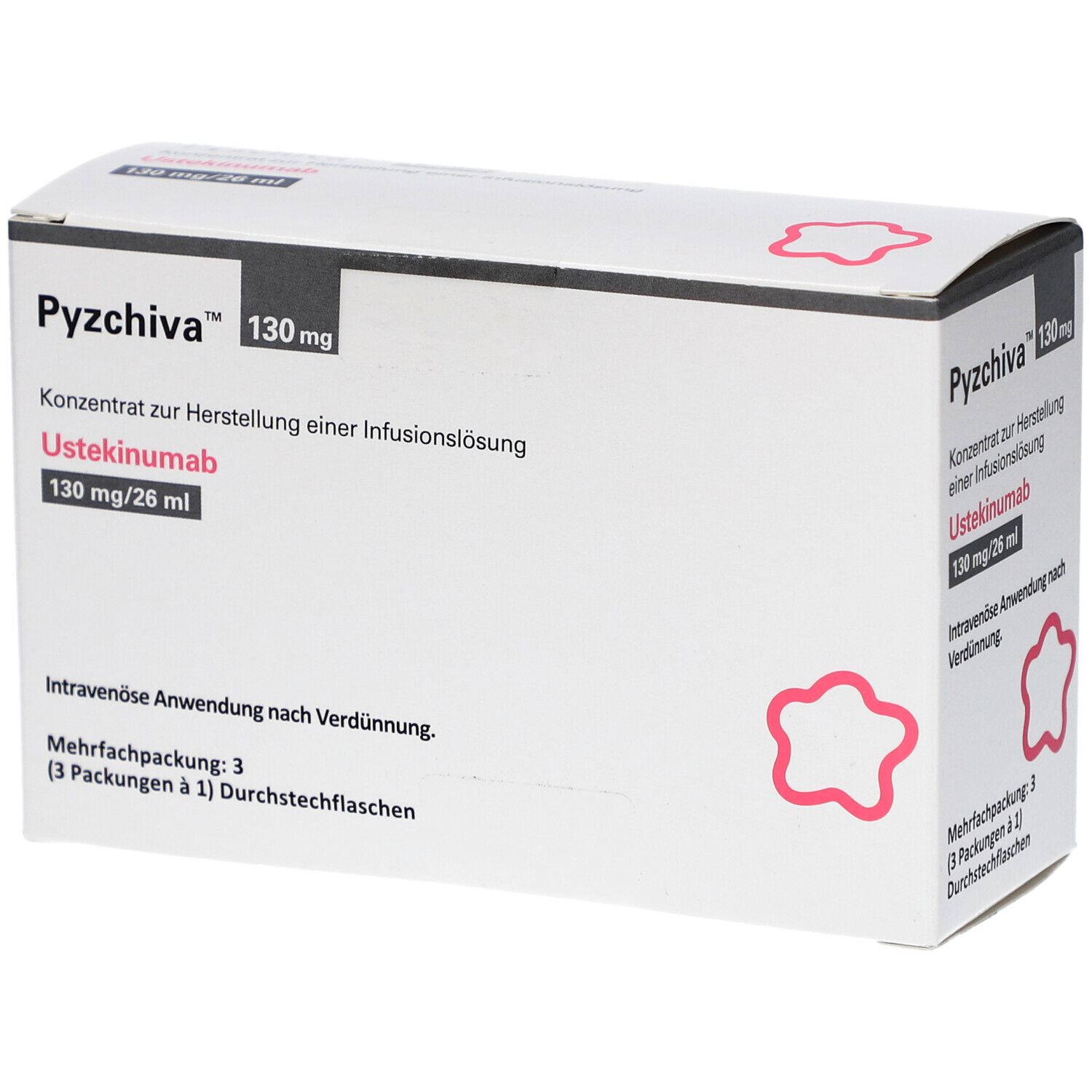 Weiße Verpackung mit Produktnamen und Informationen. Enthält 3 Durchstechflaschen. Rosa Stern-Design.