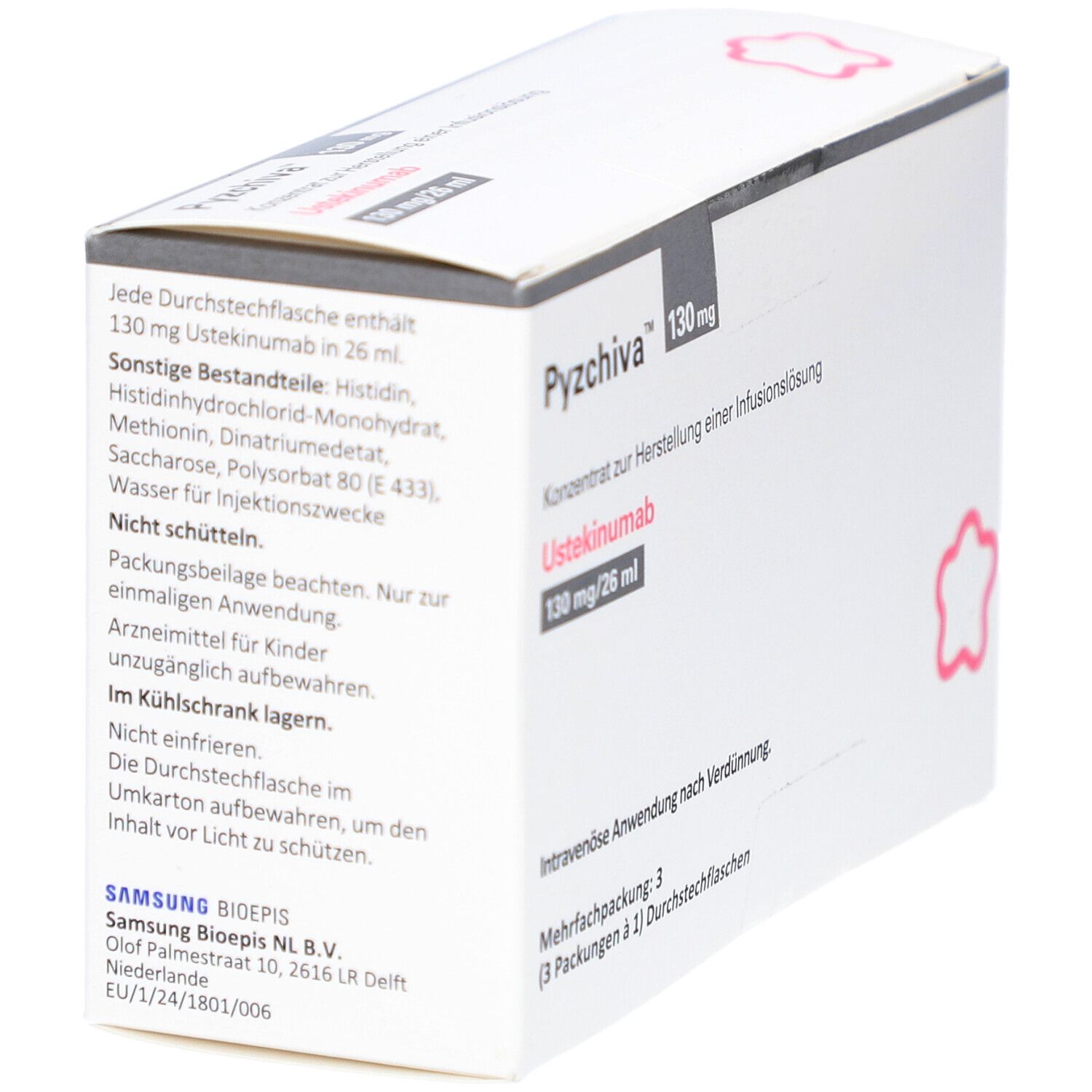 Weiße Verpackung mit Produktnamen und Informationen. Enthält 3 Durchstechflaschen. Rosa Stern-Design.