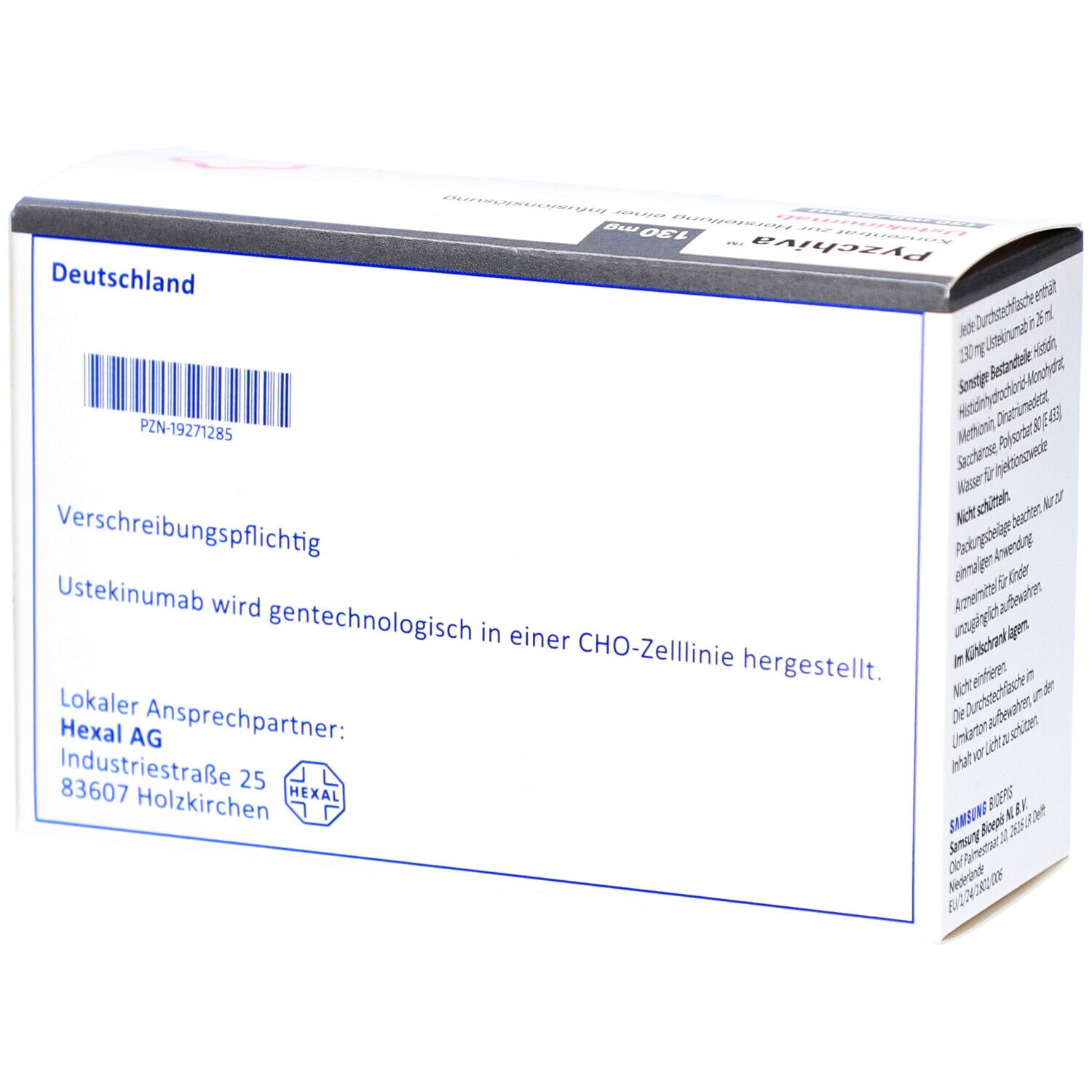 Weiße Verpackung mit Produktnamen und Informationen. Enthält 3 Durchstechflaschen. Rosa Stern-Design.