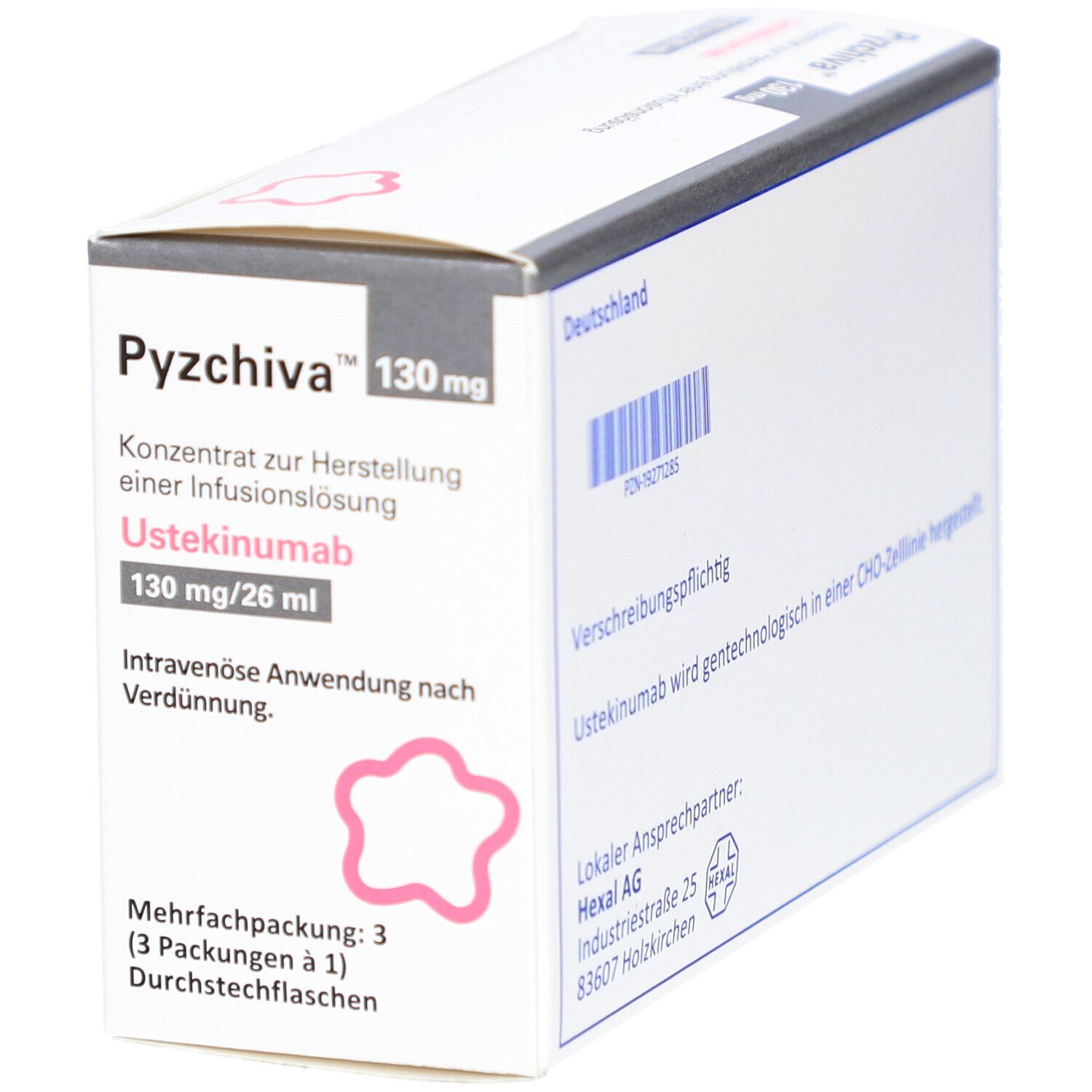 Weiße Verpackung mit Produktnamen und Informationen. Enthält 3 Durchstechflaschen. Rosa Stern-Design.