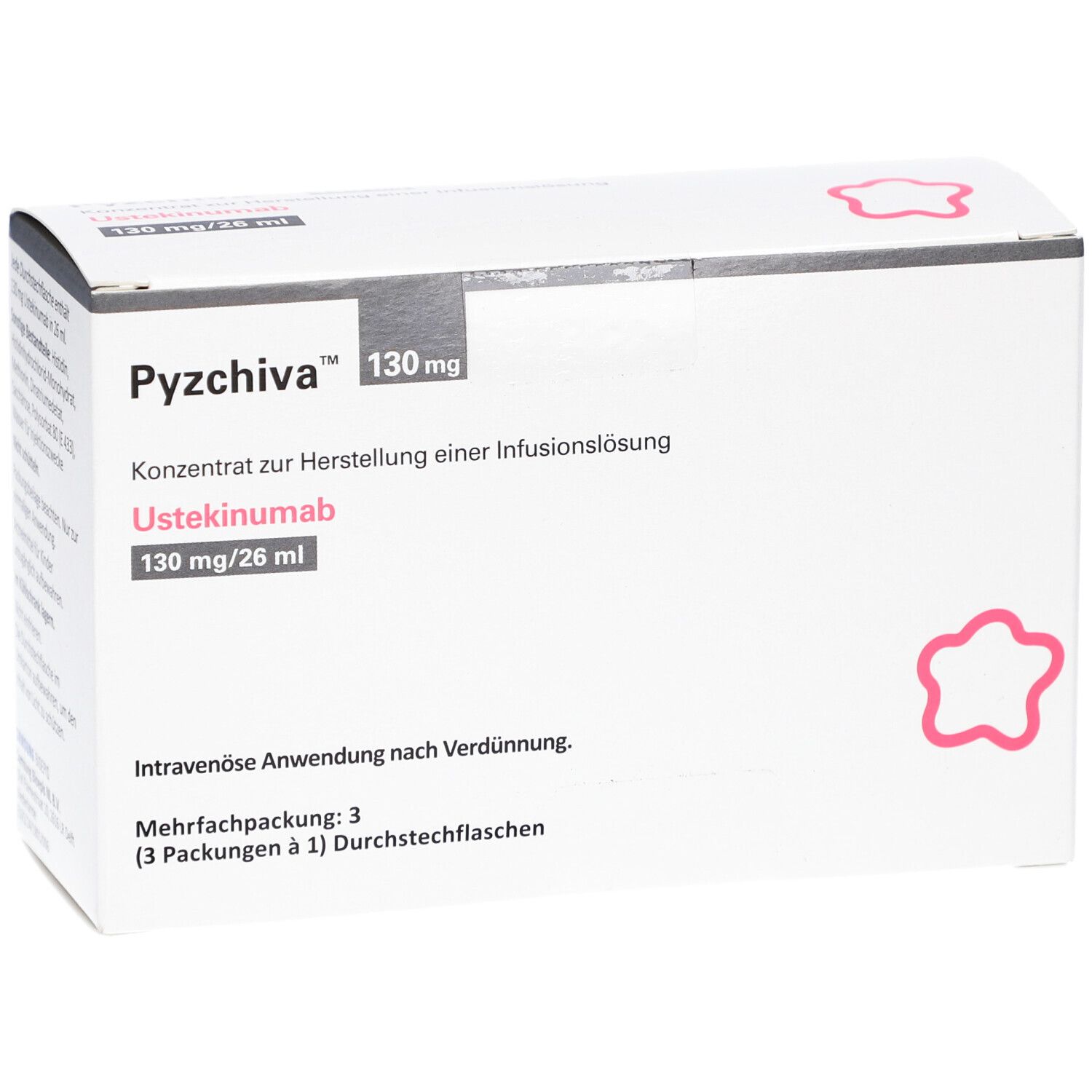 Weiße Verpackung mit Produktnamen und Informationen. Enthält 3 Durchstechflaschen. Rosa Stern-Design.