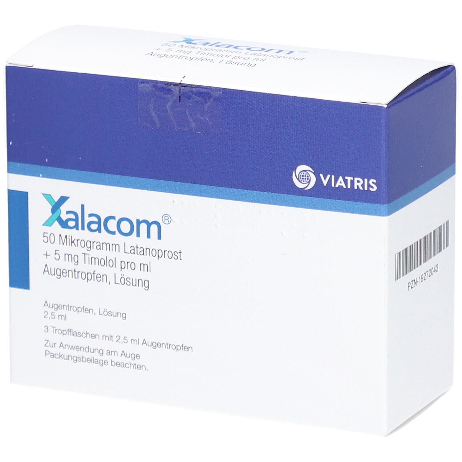 Weiß-blaue Faltschachtel mit Produktinformationen. Aufschrift: Xalacom, 50 Mikrogramm Latanoprost + 5 mg Timolol pro ml Augentropfen, Lösung.