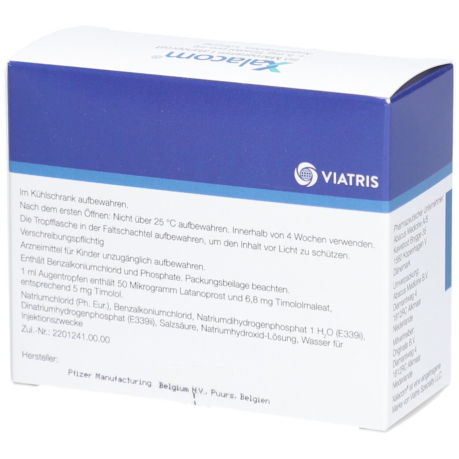 Rückseite einer weiß-blauen Faltschachtel. Textinformationen, Herstellerangaben und Logo von Viatris.
