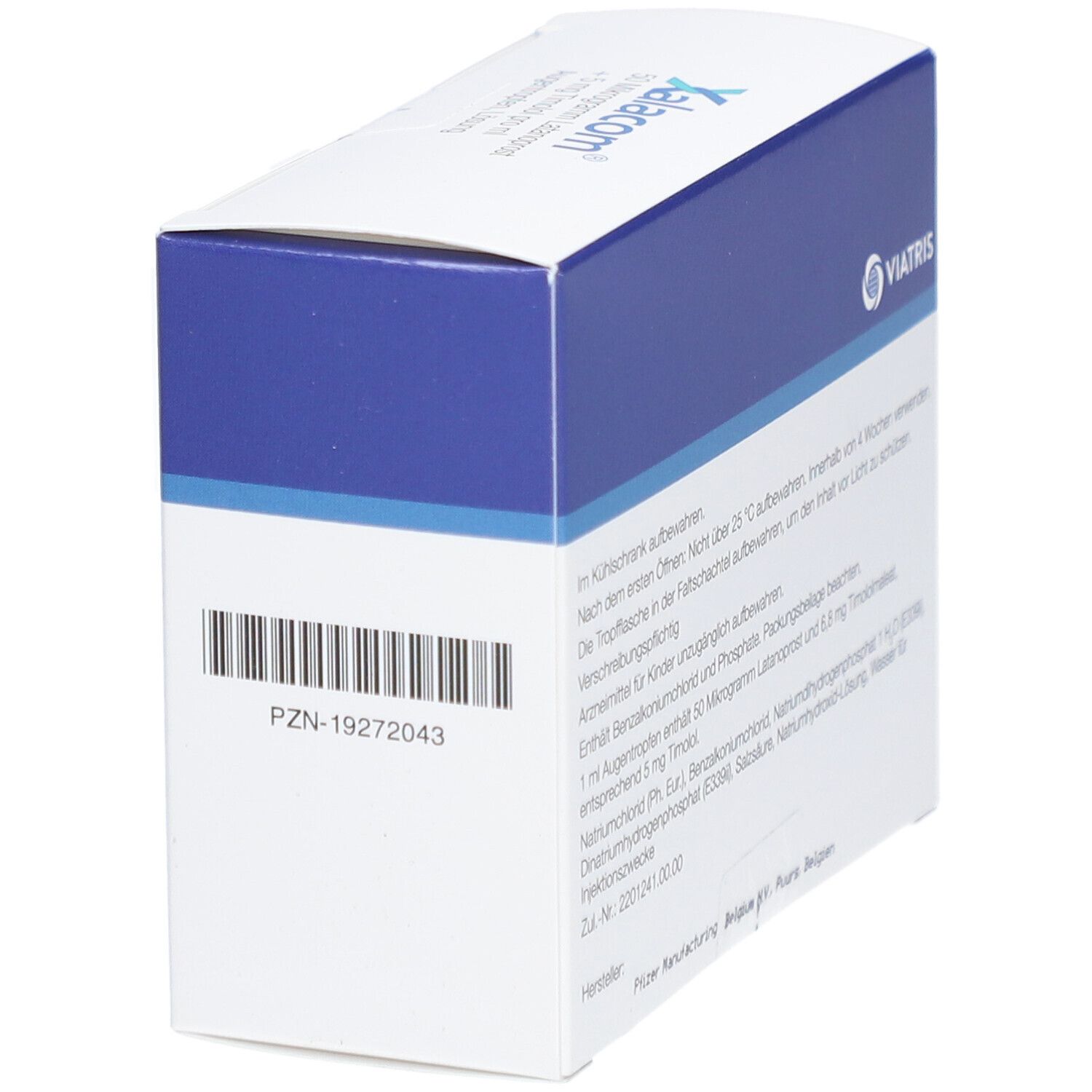 Seite einer weiß-blauen Faltschachtel mit Barcode und PZN-Nummer. Logo von Viatris.