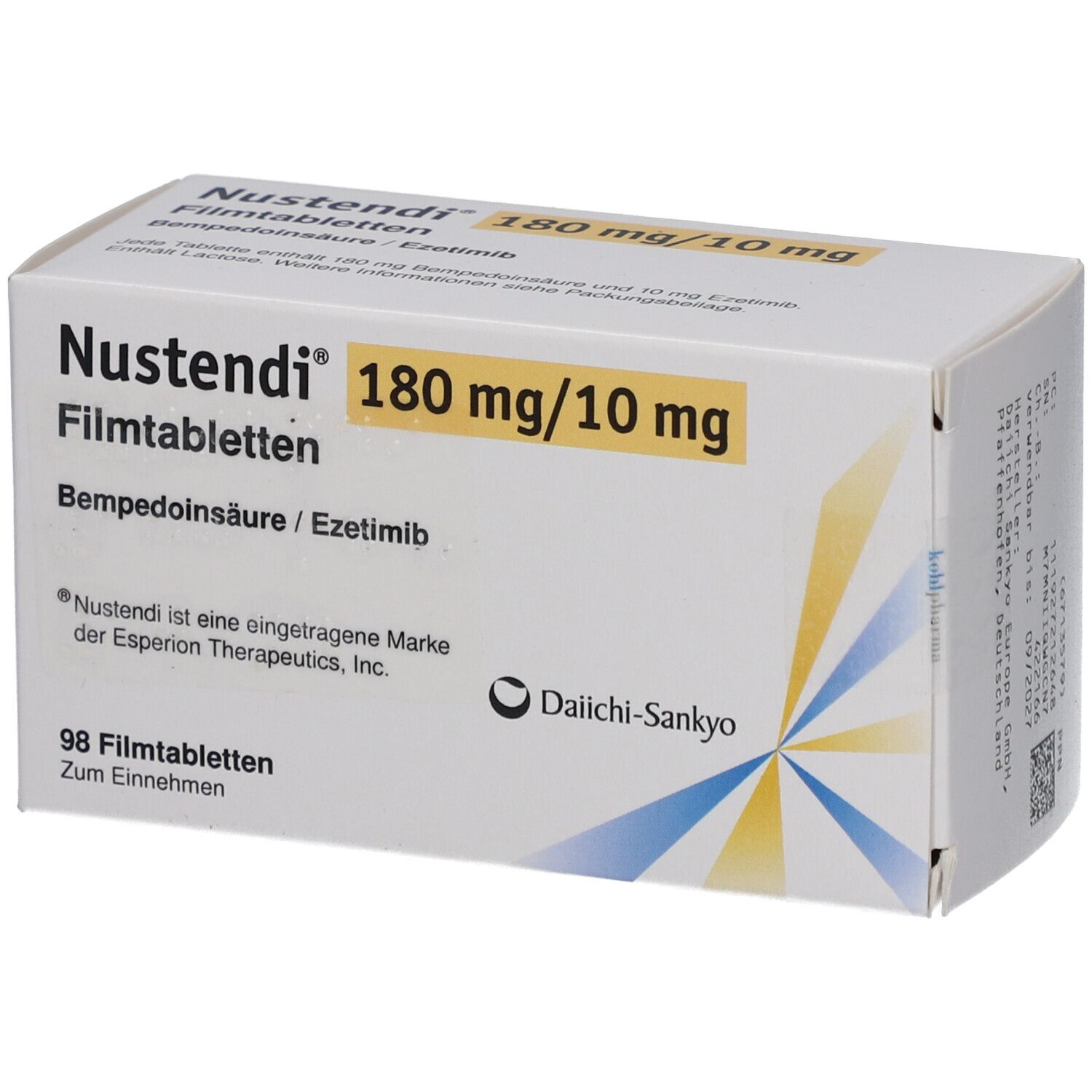 Schachtel Nustendi Filmtabletten. Aufschrift: 180 mg/10 mg, 98 Filmtabletten. Marke Daiichi-Sankyo.