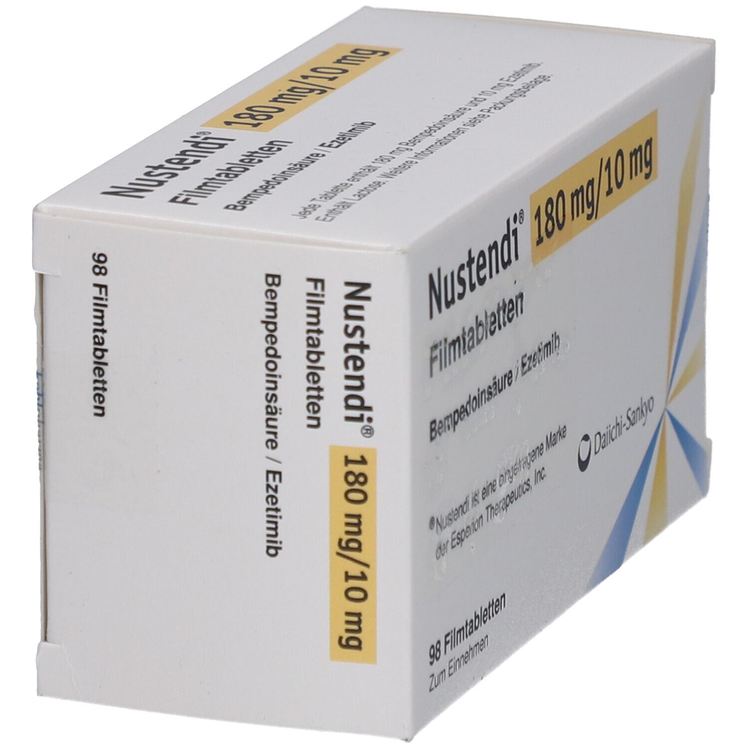 Schachtel Nustendi Filmtabletten. Aufschrift: 180 mg/10 mg, 98 Filmtabletten. Marke Daiichi-Sankyo.