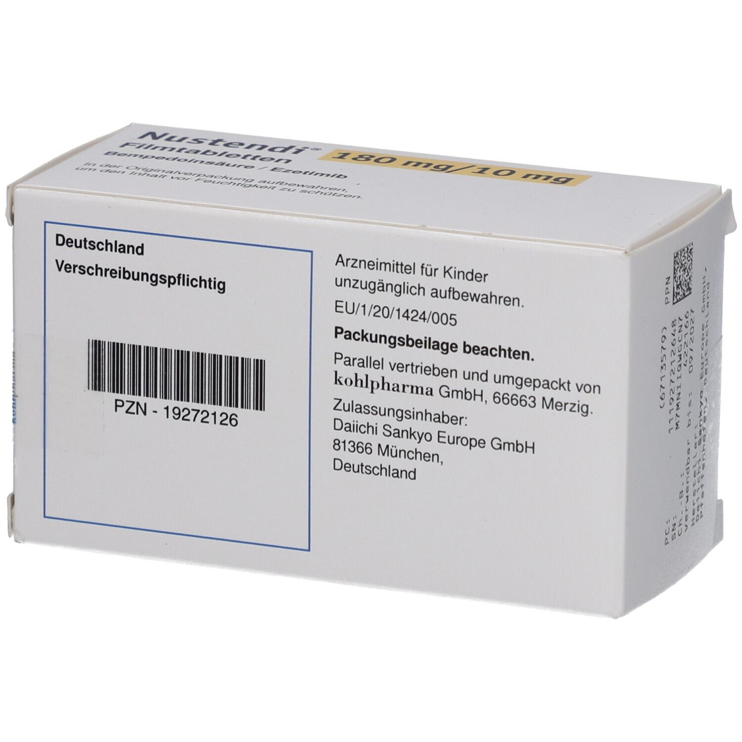 Rückseite der Nustendi Filmtabletten-Schachtel. Text: Verschreibungspflichtig, PZN-19272126, Herstellerinformationen.