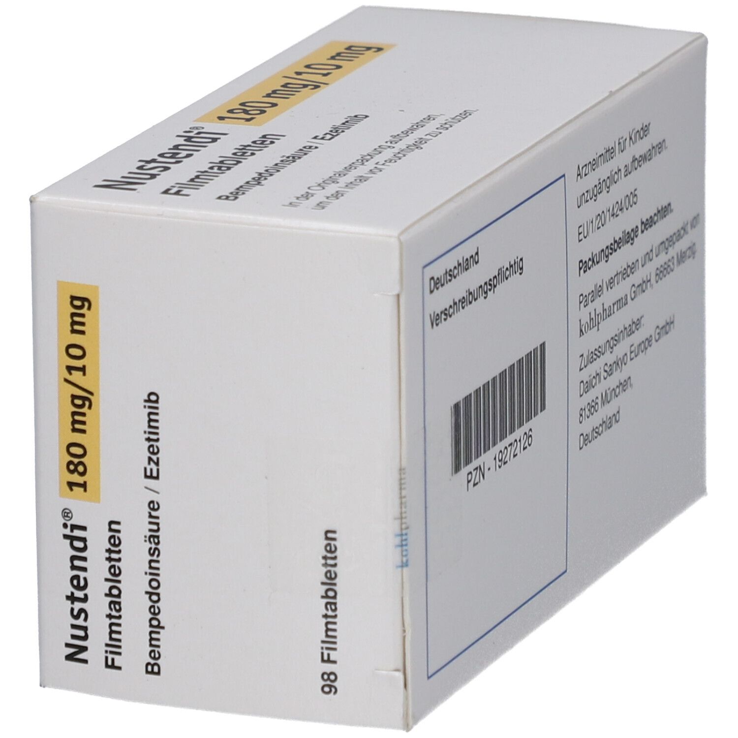 Schachtel Nustendi Filmtabletten. Aufschrift: 180 mg/10 mg, 98 Filmtabletten. Text: Verschreibungspflichtig.