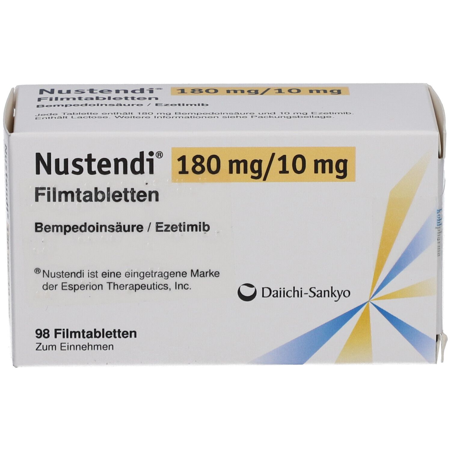 Schachtel Nustendi Filmtabletten. Aufschrift: 180 mg/10 mg, 98 Filmtabletten. Marke Daiichi-Sankyo.