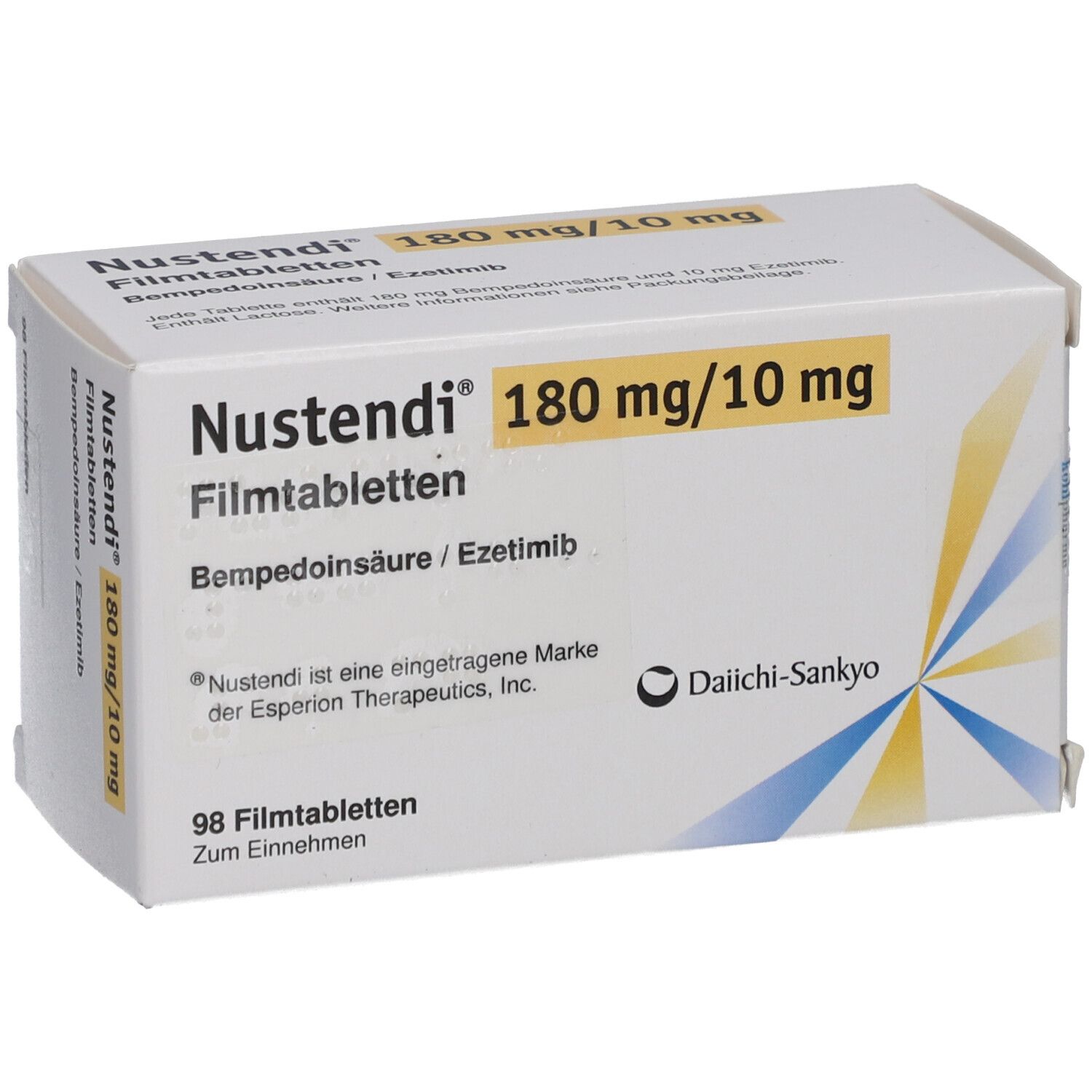 Schachtel Nustendi Filmtabletten. Aufschrift: 180 mg/10 mg, 98 Filmtabletten. Marke Daiichi-Sankyo.