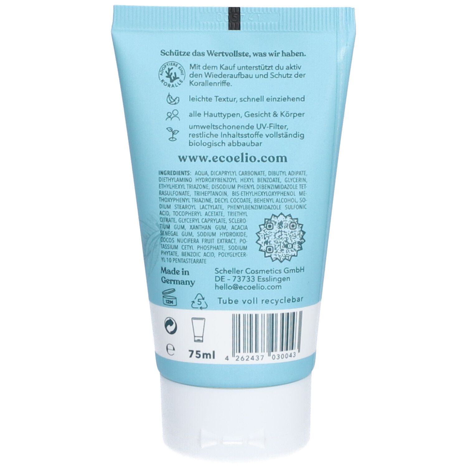 Rückseite der Tube. Text: "www.ecoelio.com", "Tube voll recyclebar". Inhaltsstoffe. Logo: Koralle. Hergestellt in Deutschland.