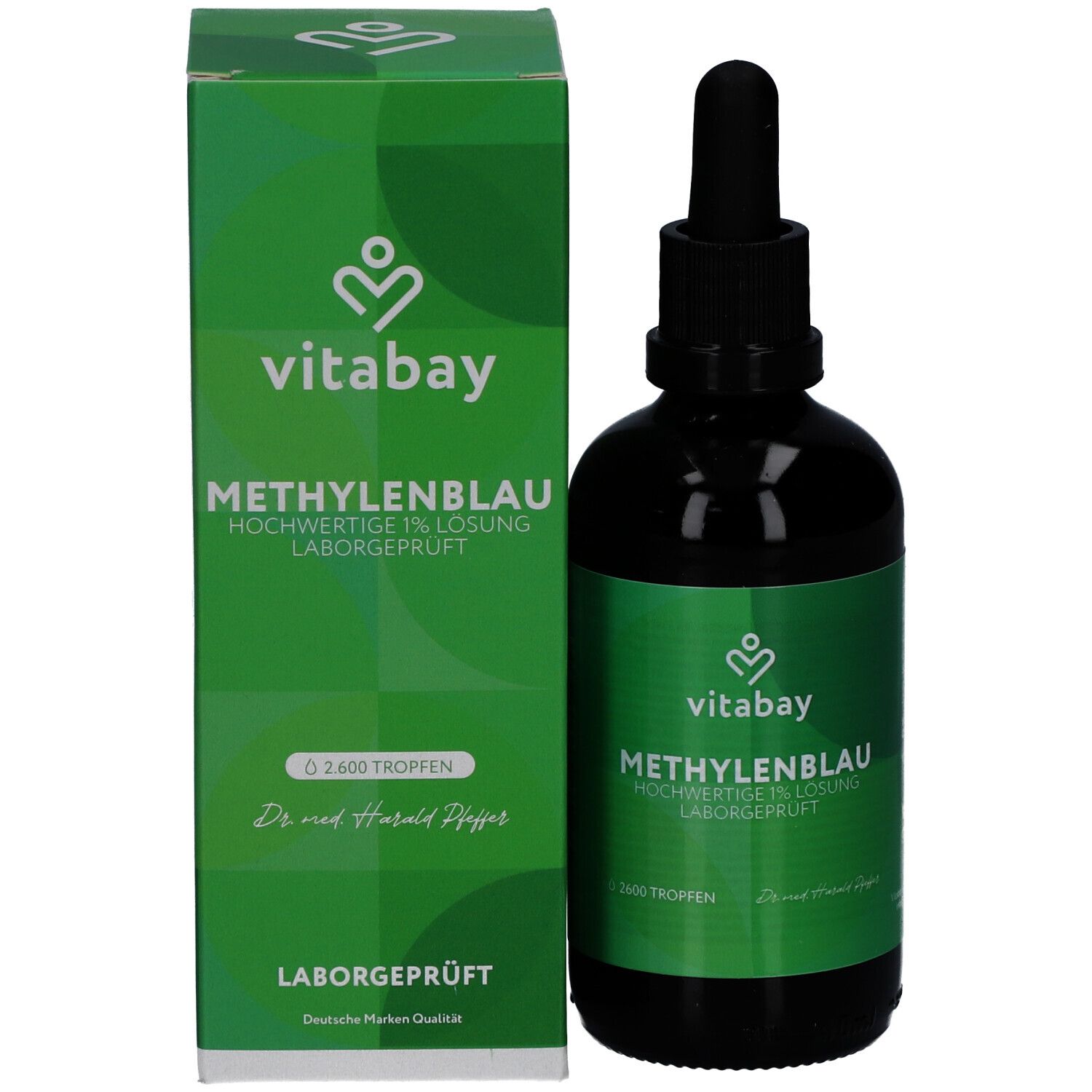 Produktflasche und Verpackung. Braune Flasche mit Pipette neben grüner Verpackung mit Produktnamen und Logo.