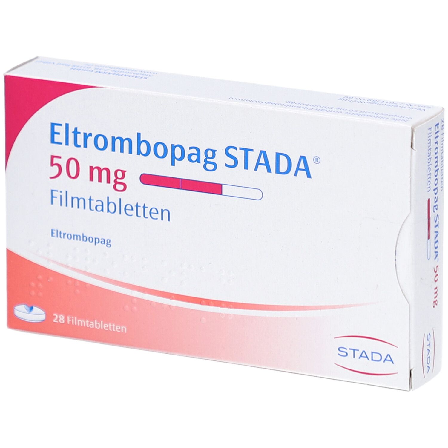 Schachtel mit ELTROMBOPAG STADA 50 mg Filmtabletten. Aufschrift: 50 mg, Filmtabletten, STADA. 28 Filmtabletten.