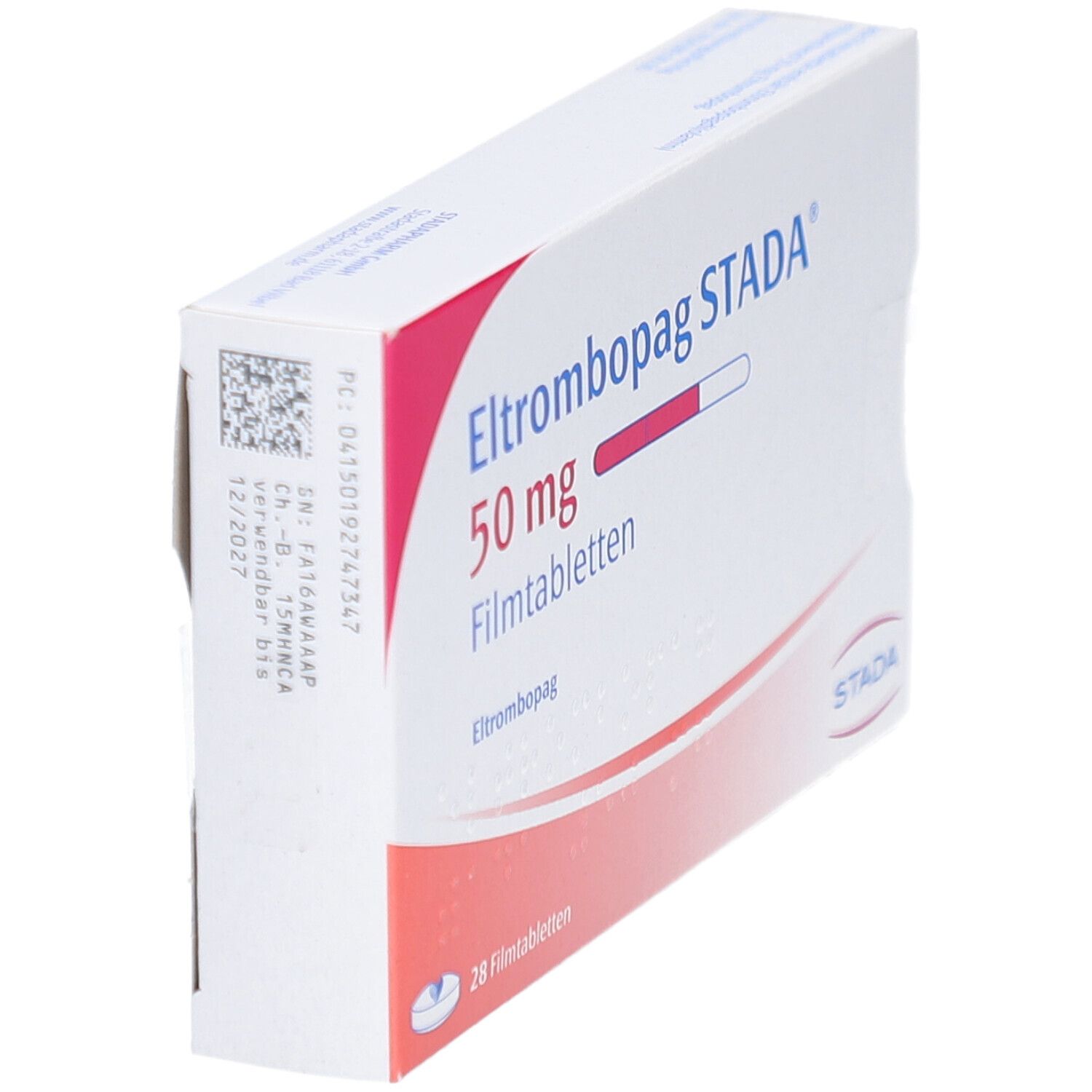 Schachtel ELTROMBOPAG STADA 50 mg Filmtabletten. Aufschrift: 50 mg, Filmtabletten, STADA. 28 Filmtabletten. Ansicht von der Seite.
