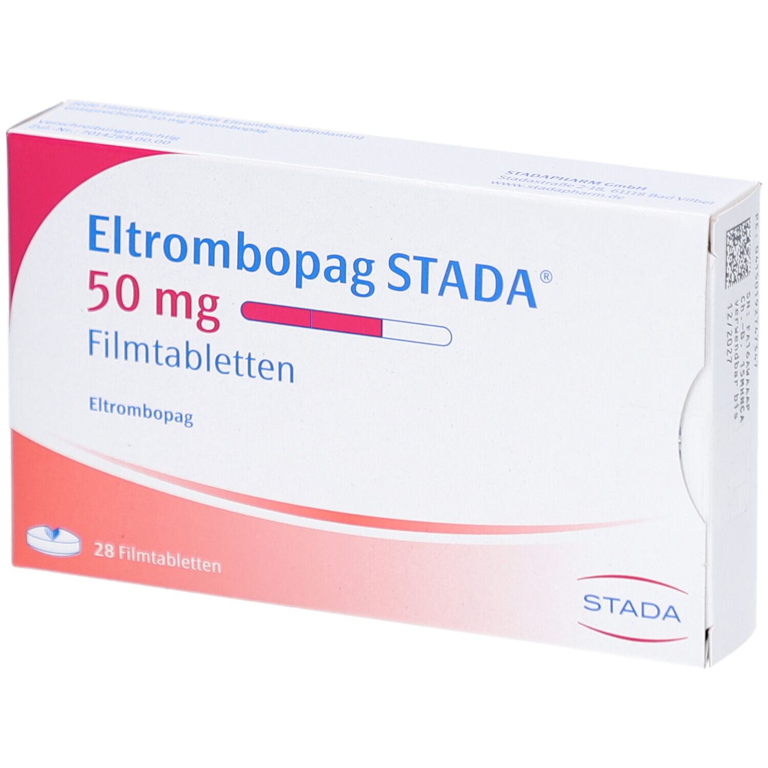 Schachtel mit ELTROMBOPAG STADA 50 mg Filmtabletten. Aufschrift: 50 mg, Filmtabletten, STADA. 28 Filmtabletten.