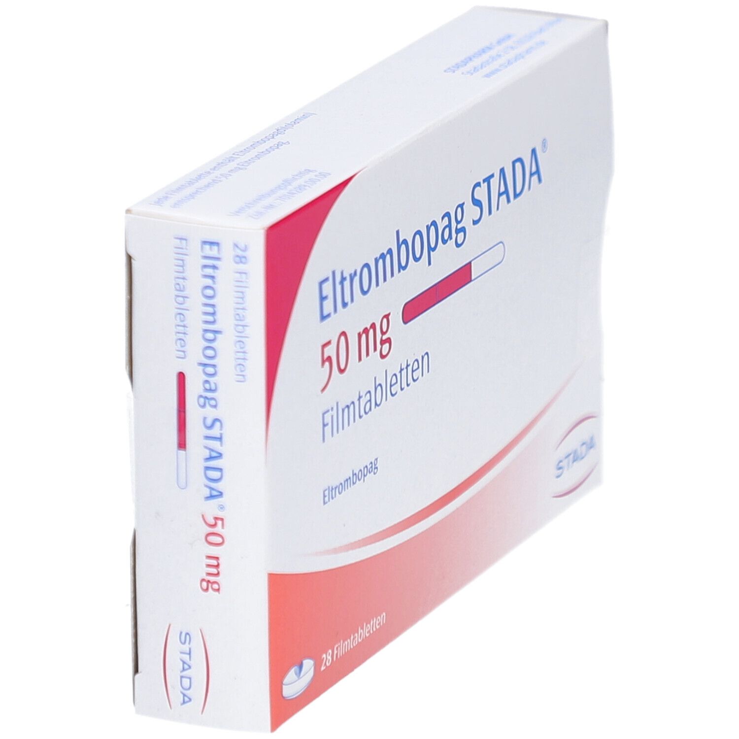 Schachtel ELTROMBOPAG STADA 50 mg Filmtabletten. Aufschrift: 50 mg, Filmtabletten, STADA. 28 Filmtabletten. Ansicht von der Seite.