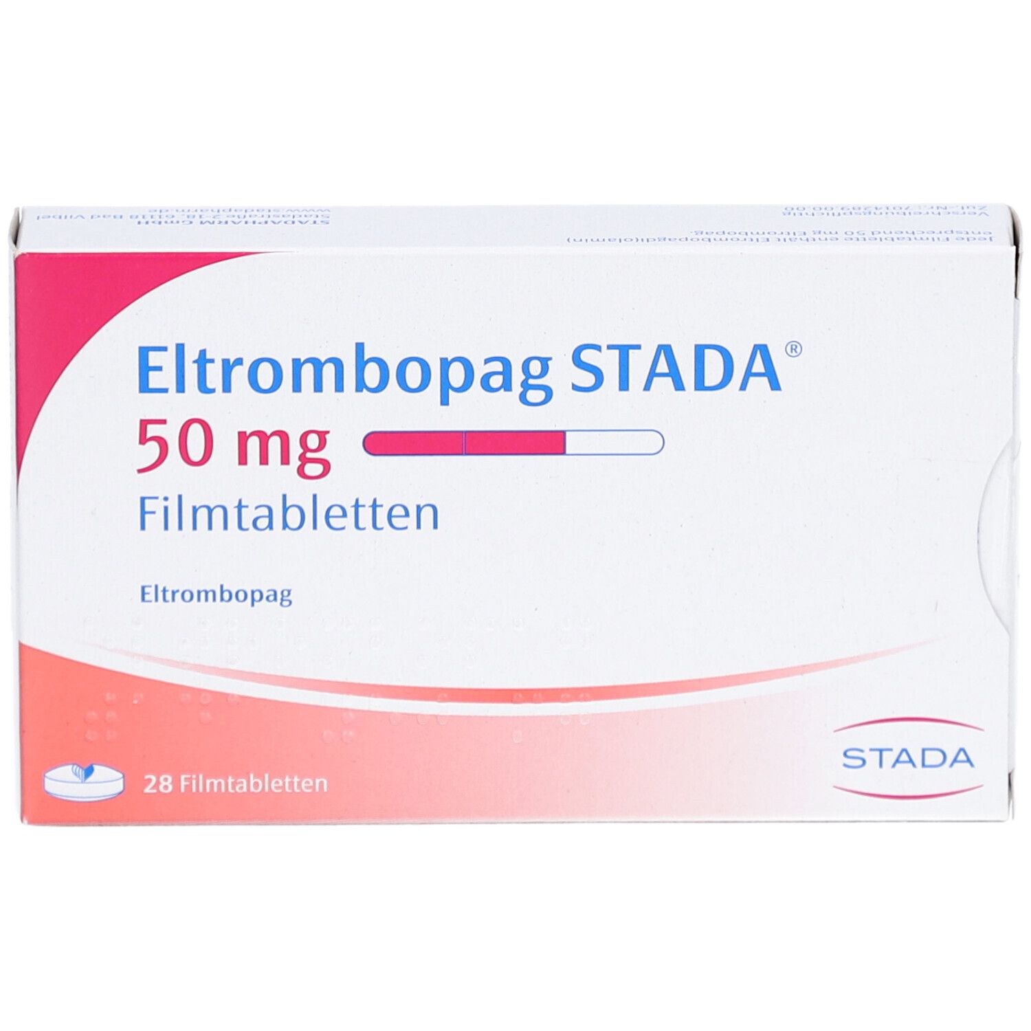 Schachtel mit ELTROMBOPAG STADA 50 mg Filmtabletten. Aufschrift: 50 mg, Filmtabletten, STADA. 28 Filmtabletten.