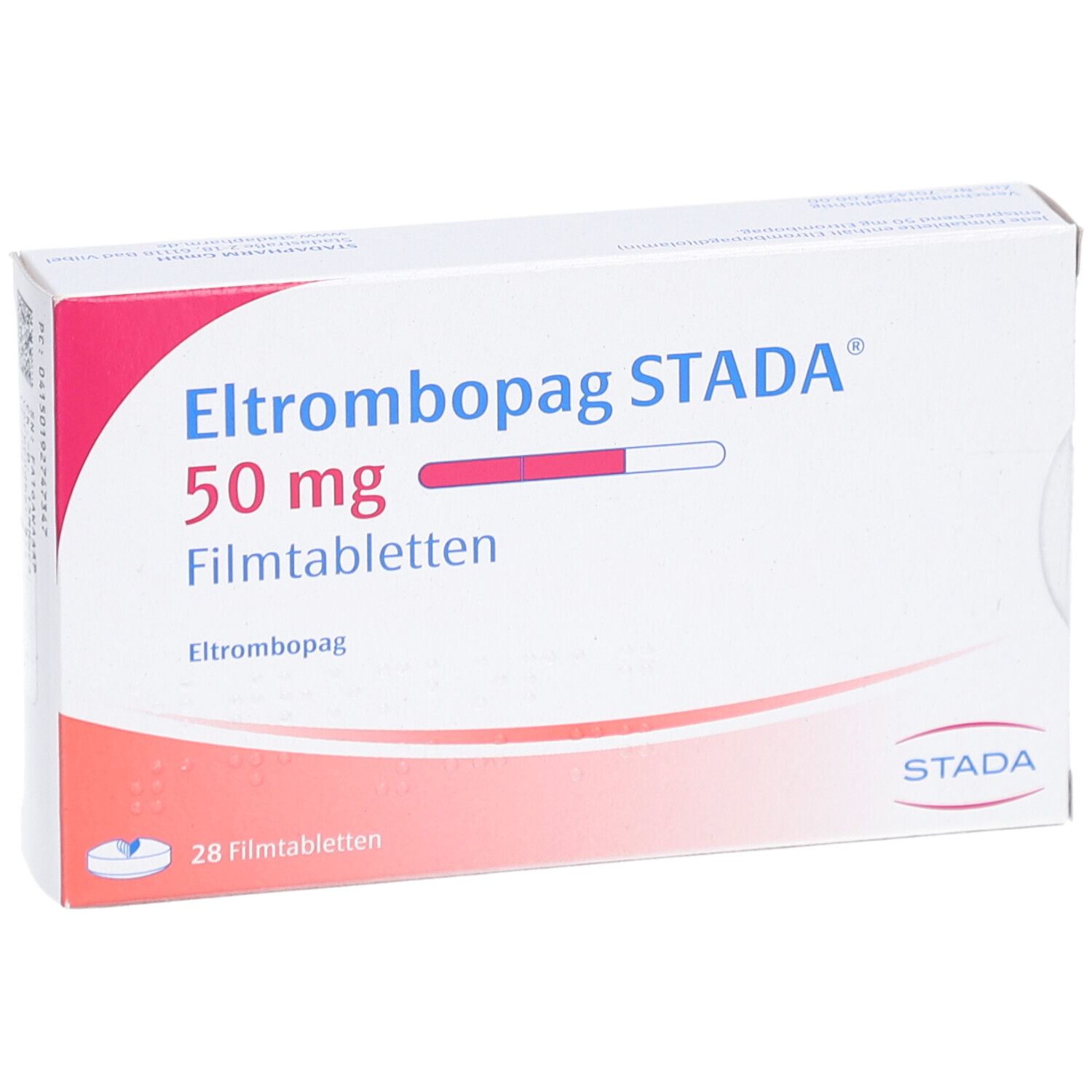 Schachtel mit ELTROMBOPAG STADA 50 mg Filmtabletten. Aufschrift: 50 mg, Filmtabletten, STADA. 28 Filmtabletten.