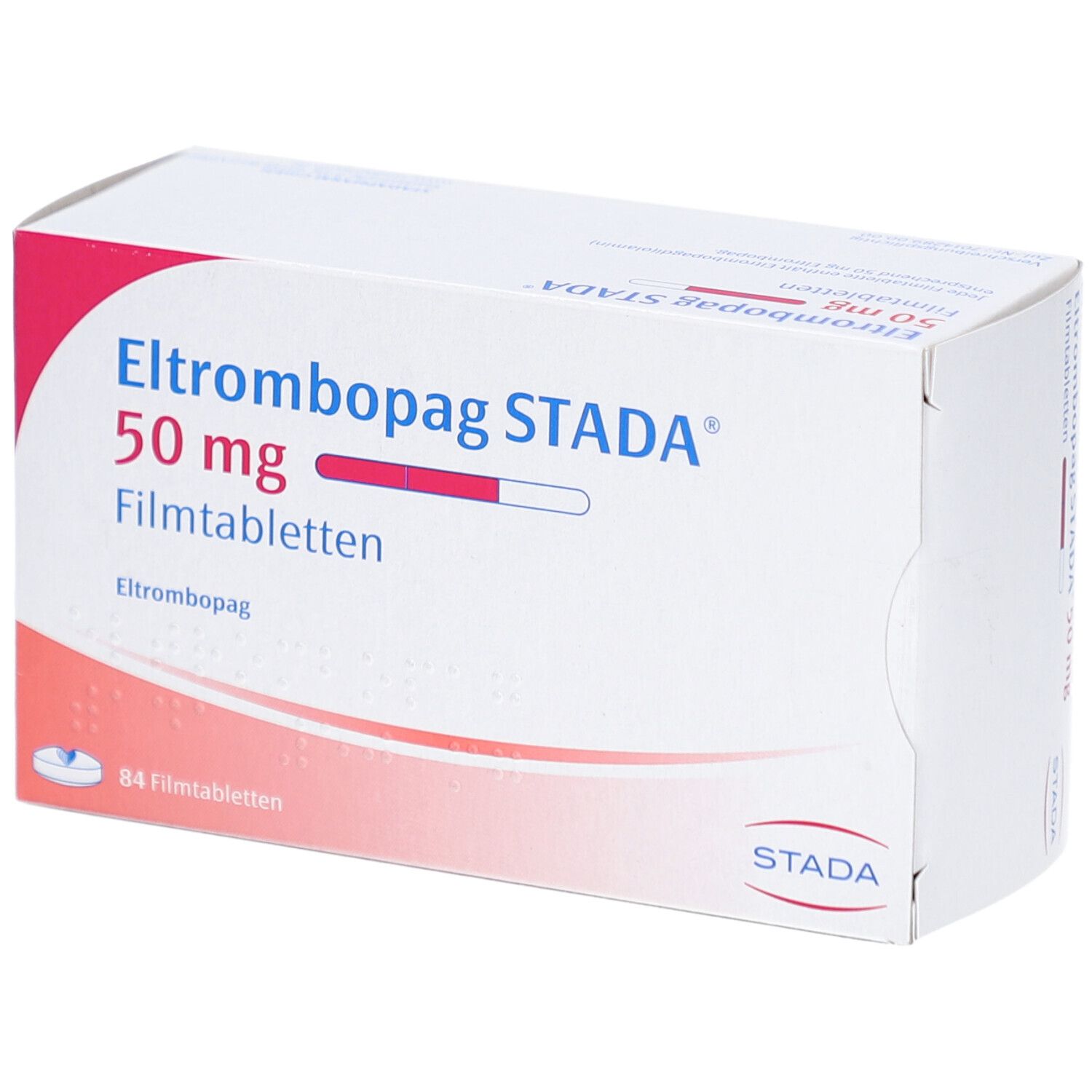 Schachtel mit Eltrombopag STADA 50 mg Filmtabletten. Aufschrift: 50 mg, Filmtabletten, STADA. Rote und weiße Balken.