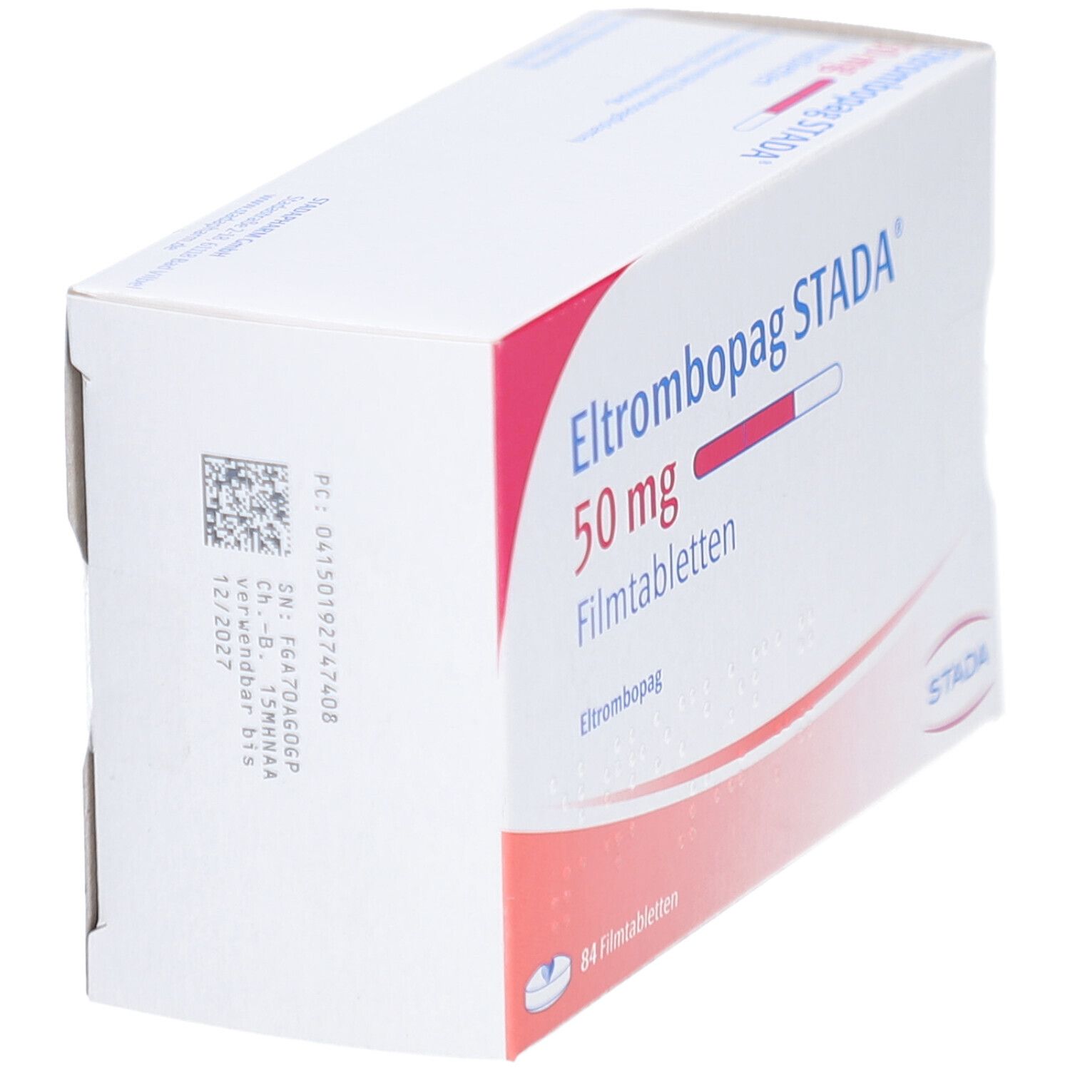 Schachtel mit Eltrombopag STADA 50 mg Filmtabletten. Aufschrift: 50 mg, Filmtabletten, STADA. Rote und weiße Balken. QR-Code.