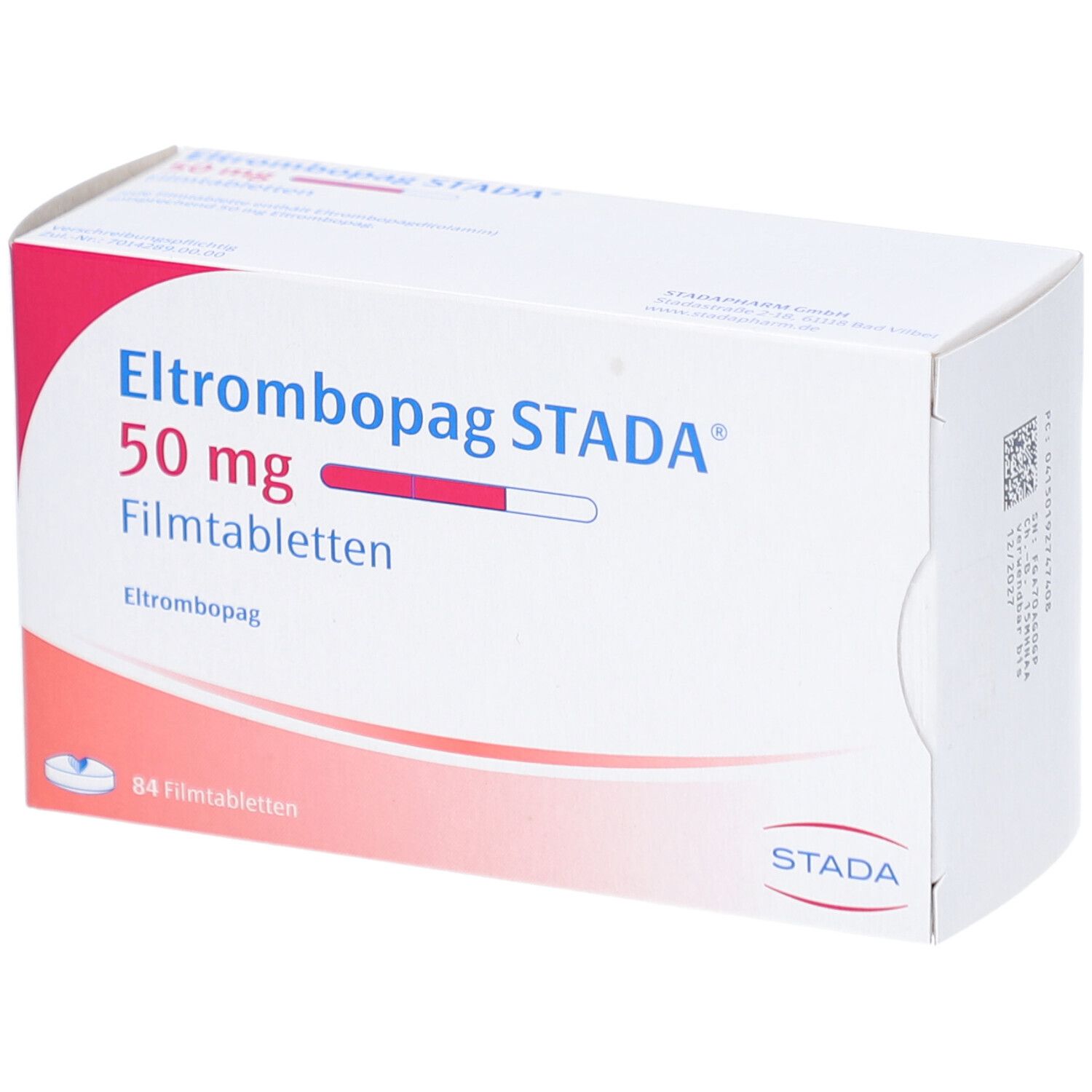Schachtel mit Eltrombopag STADA 50 mg Filmtabletten. Aufschrift: 50 mg, Filmtabletten, STADA. Rote und weiße Balken. STADA Logo.