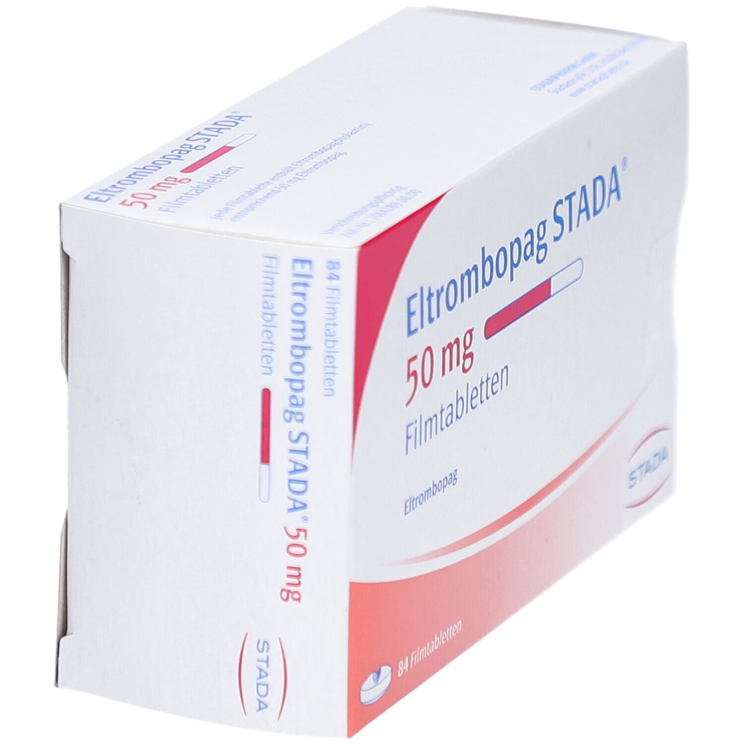 Schachtel mit Eltrombopag STADA 50 mg Filmtabletten. Aufschrift: 50 mg, Filmtabletten, STADA. Rote und weiße Balken. STADA Logo.