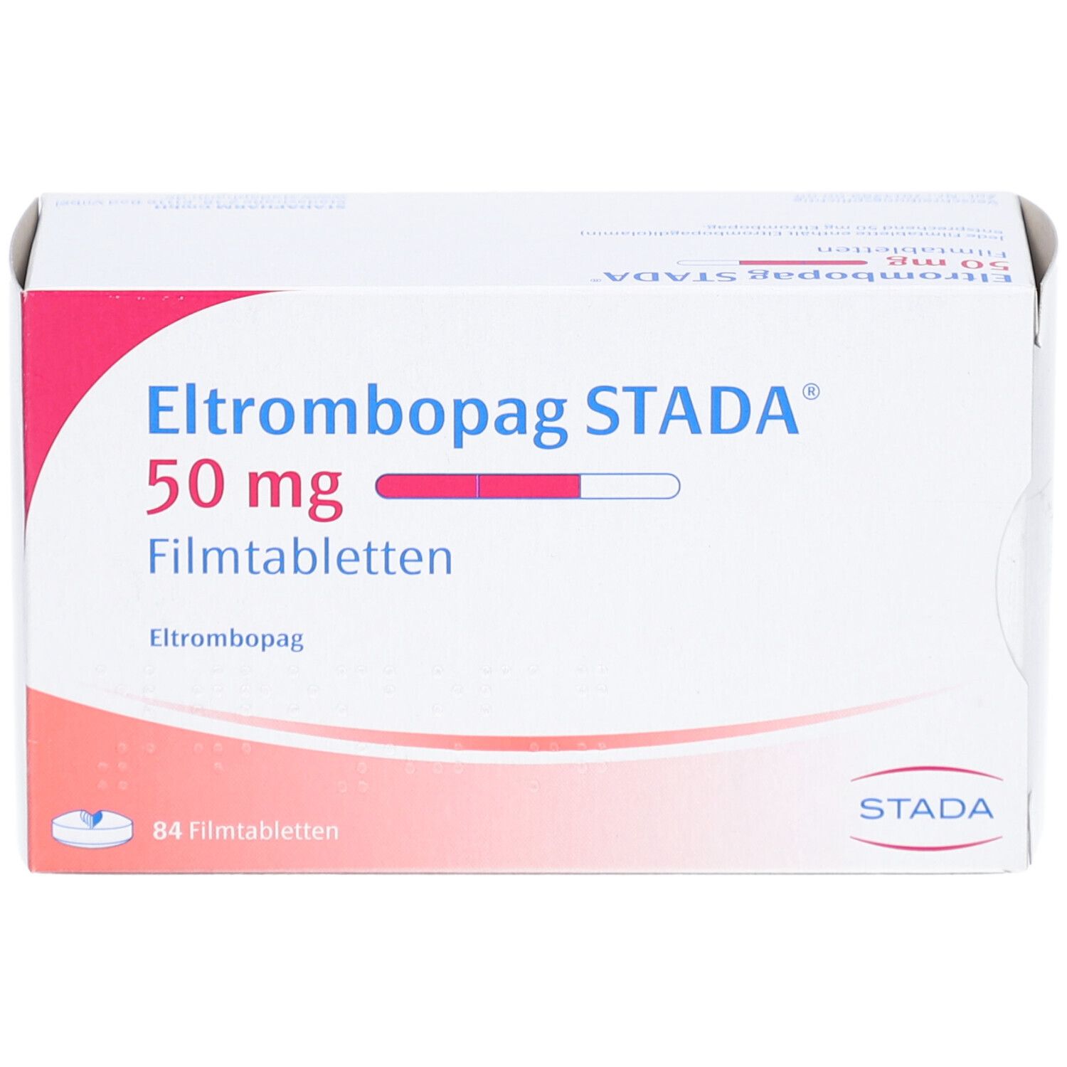 Schachtel mit Eltrombopag STADA 50 mg Filmtabletten. Aufschrift: 50 mg, Filmtabletten, STADA. Rote und weiße Balken. STADA Logo.