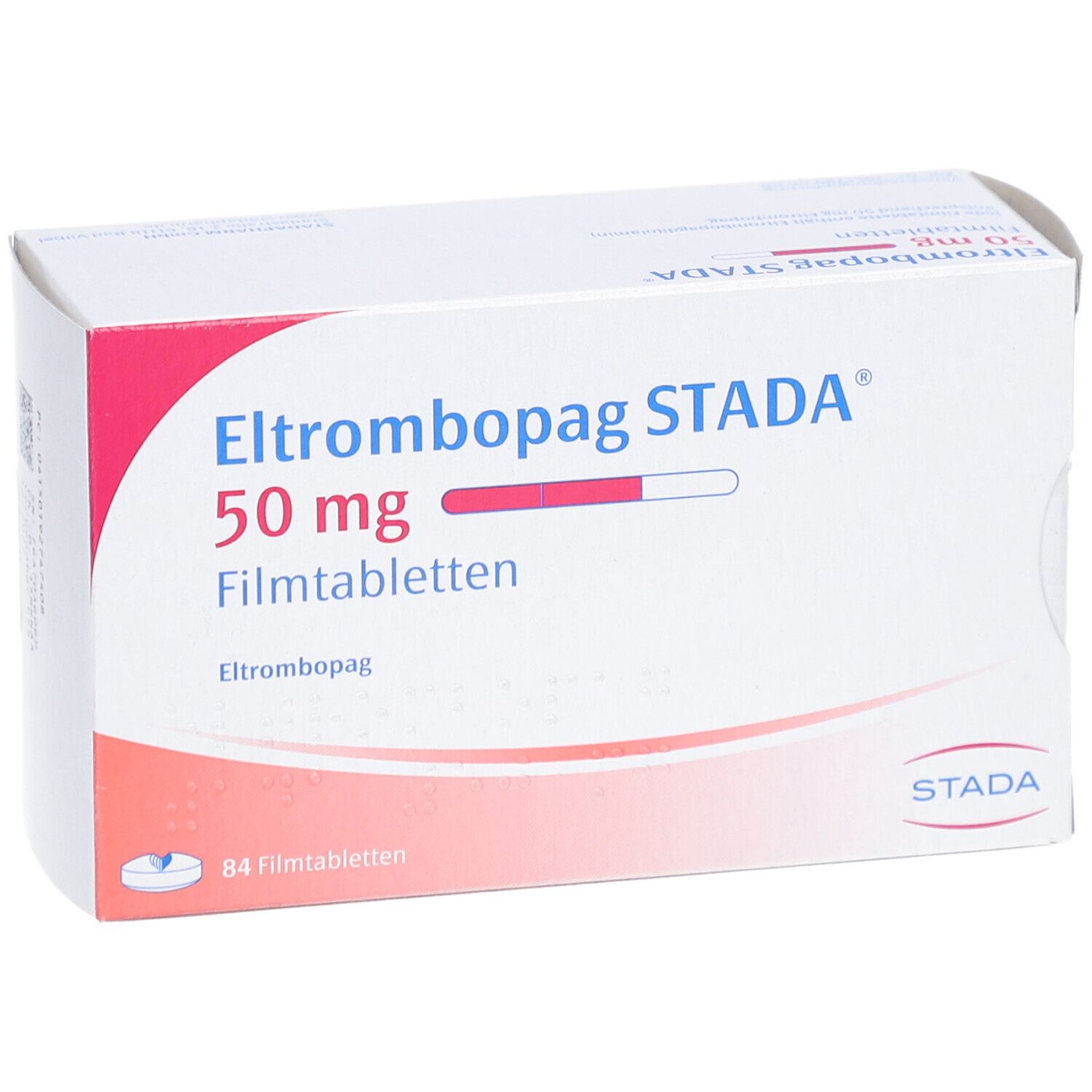 Schachtel mit Eltrombopag STADA 50 mg Filmtabletten. Aufschrift: 50 mg, Filmtabletten, STADA. Rote und weiße Balken. STADA Logo.