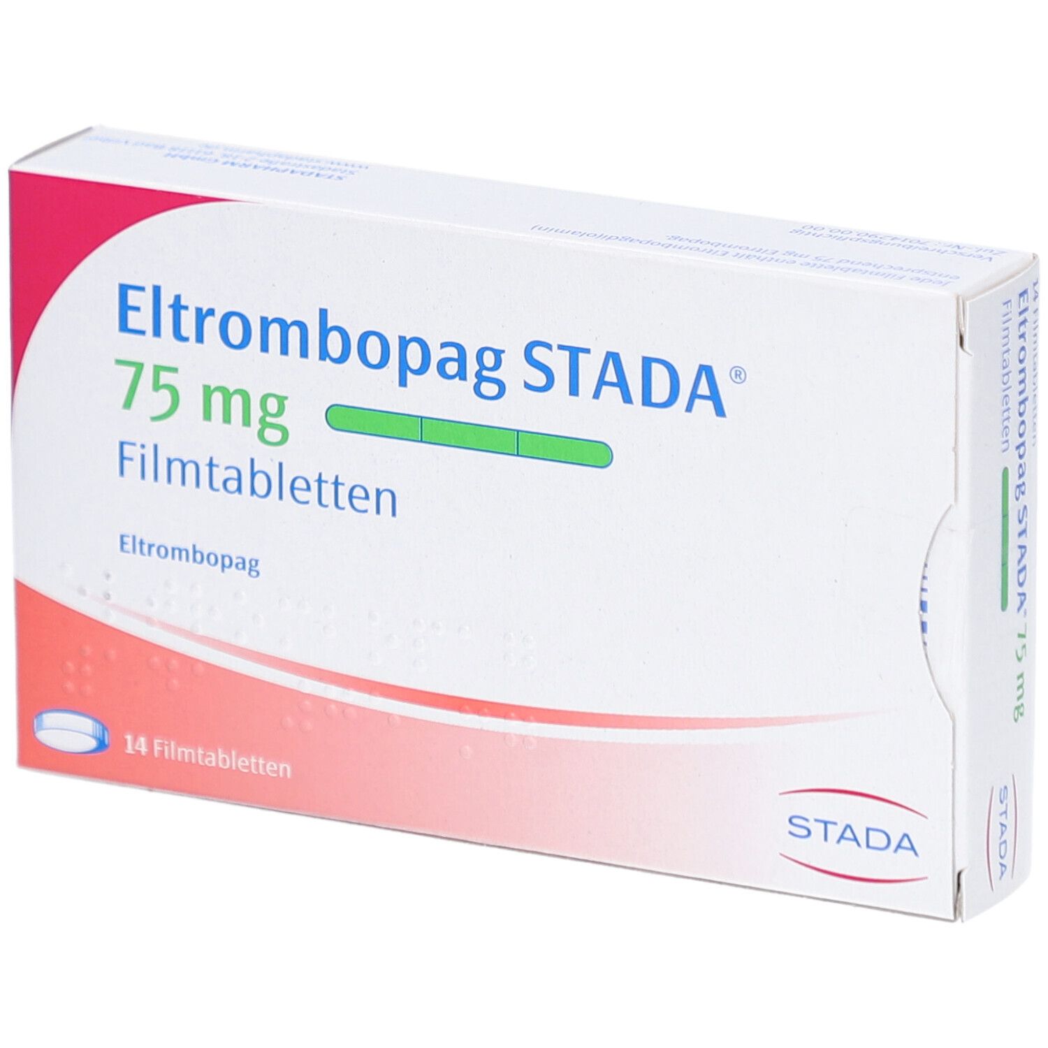 Schachtel mit ELTROMBOPAG STADA 75 mg Filmtabletten. Aufschrift: 14 Filmtabletten. STADA Logo.