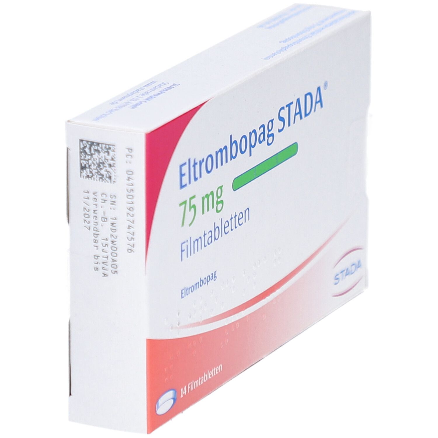Schachtel ELTROMBOPAG STADA 75 mg Filmtabletten. Aufschrift: 14 Filmtabletten. STADA Logo. Ansicht schräg.