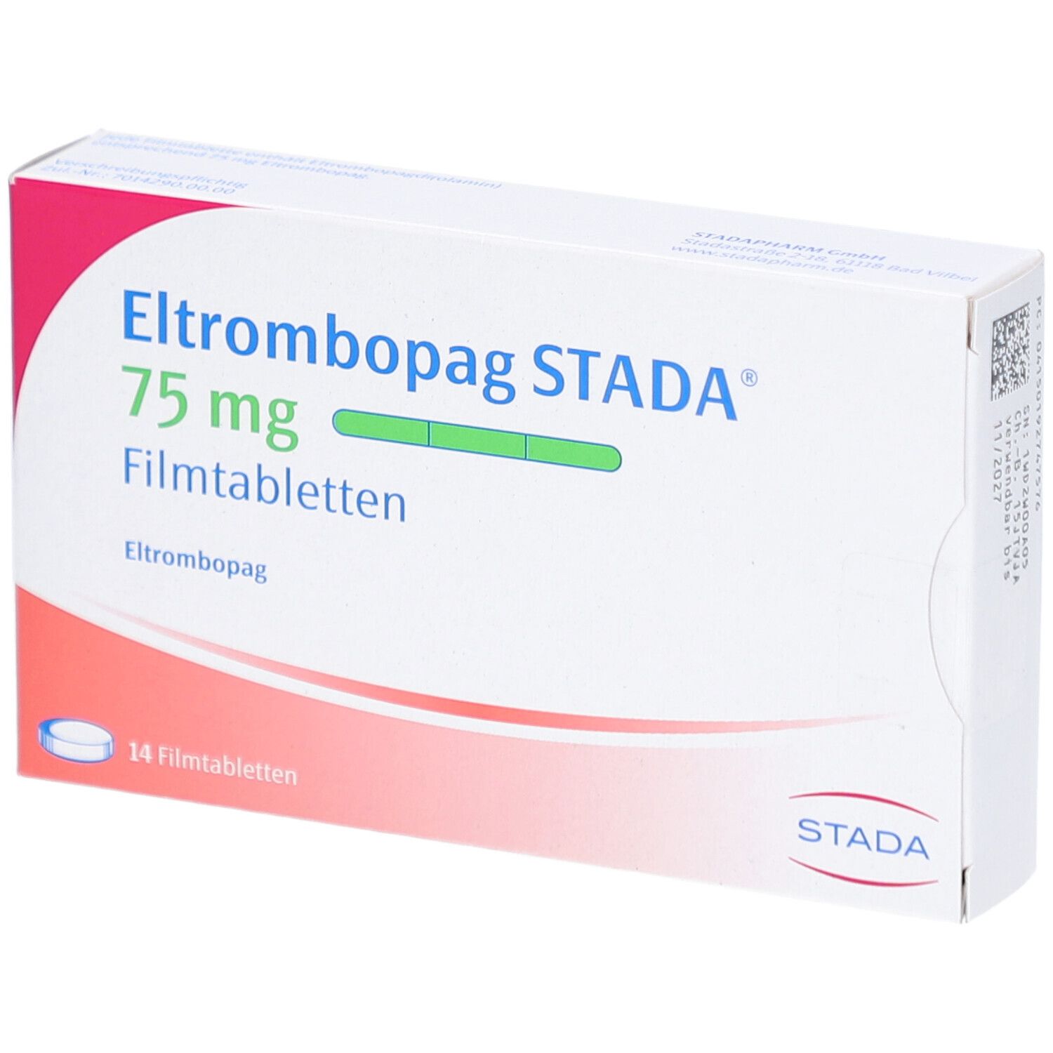 Schachtel mit ELTROMBOPAG STADA 75 mg Filmtabletten. Aufschrift: 14 Filmtabletten. STADA Logo.