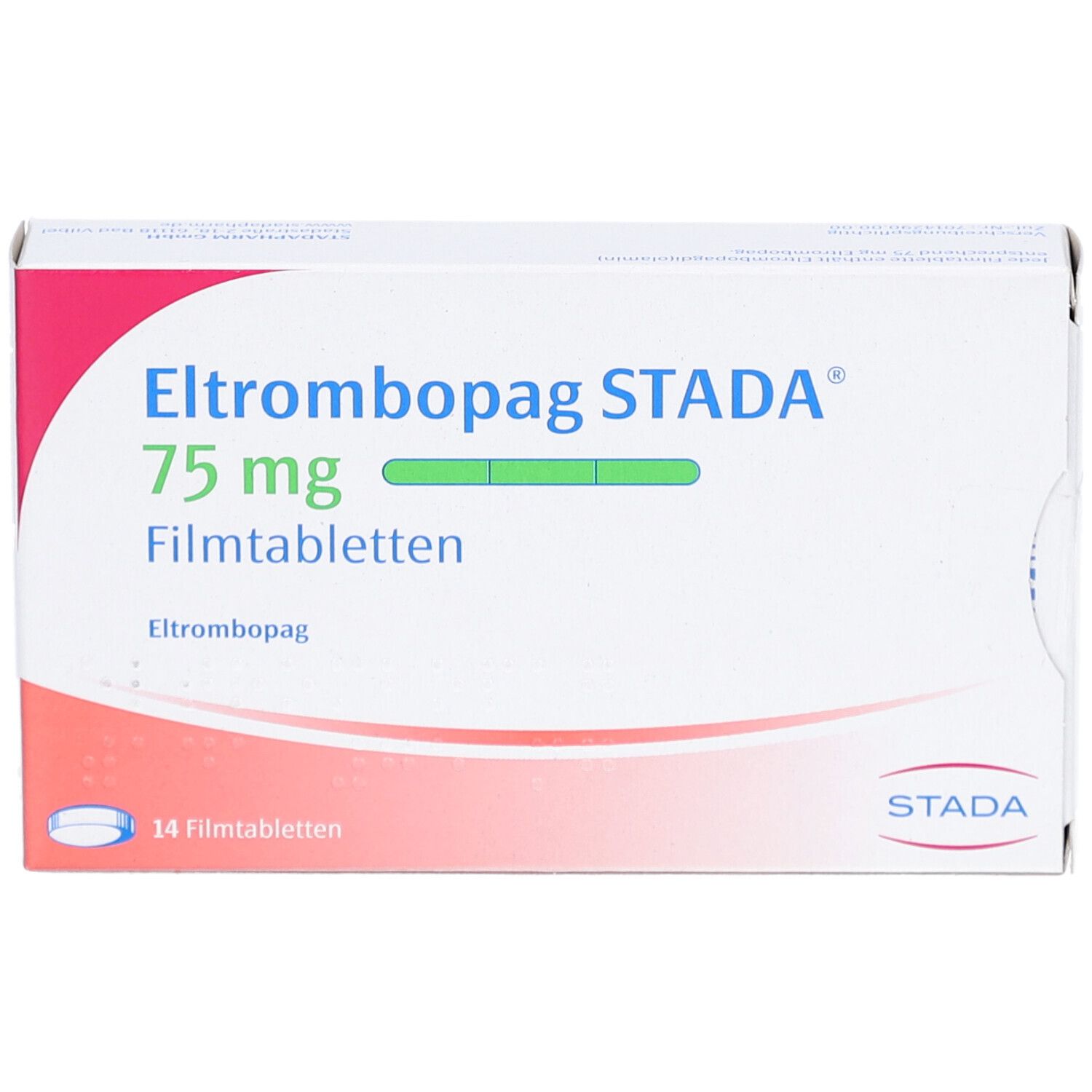 Schachtel mit ELTROMBOPAG STADA 75 mg Filmtabletten. Aufschrift: 14 Filmtabletten. STADA Logo.