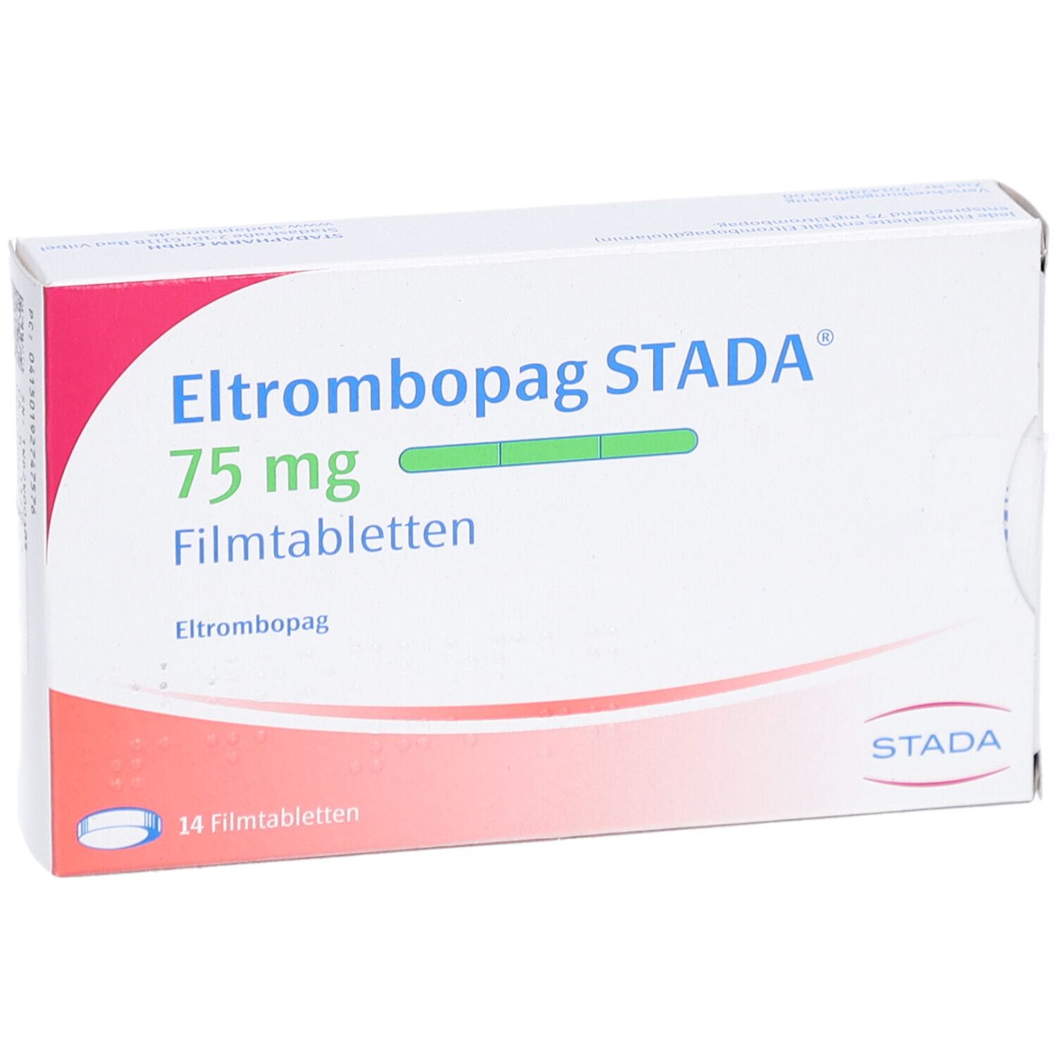 Schachtel mit ELTROMBOPAG STADA 75 mg Filmtabletten. Aufschrift: 14 Filmtabletten. STADA Logo.