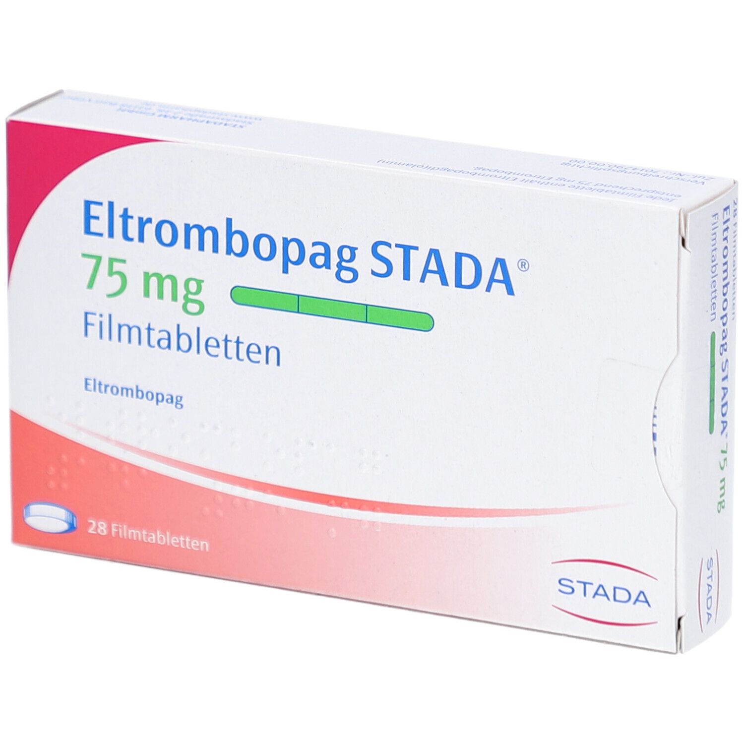 Schachtel mit ELTROMBOPAG STADA 75 mg Filmtabletten. Aufschrift: 28 Filmtabletten. STADA-Logo.
