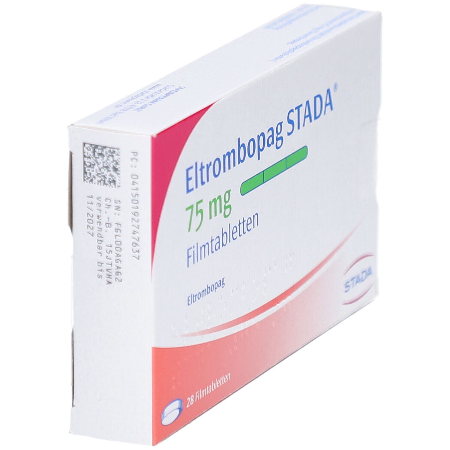 Schräg gestellte Schachtel mit ELTROMBOPAG STADA 75 mg Filmtabletten. STADA-Logo und Barcode.
