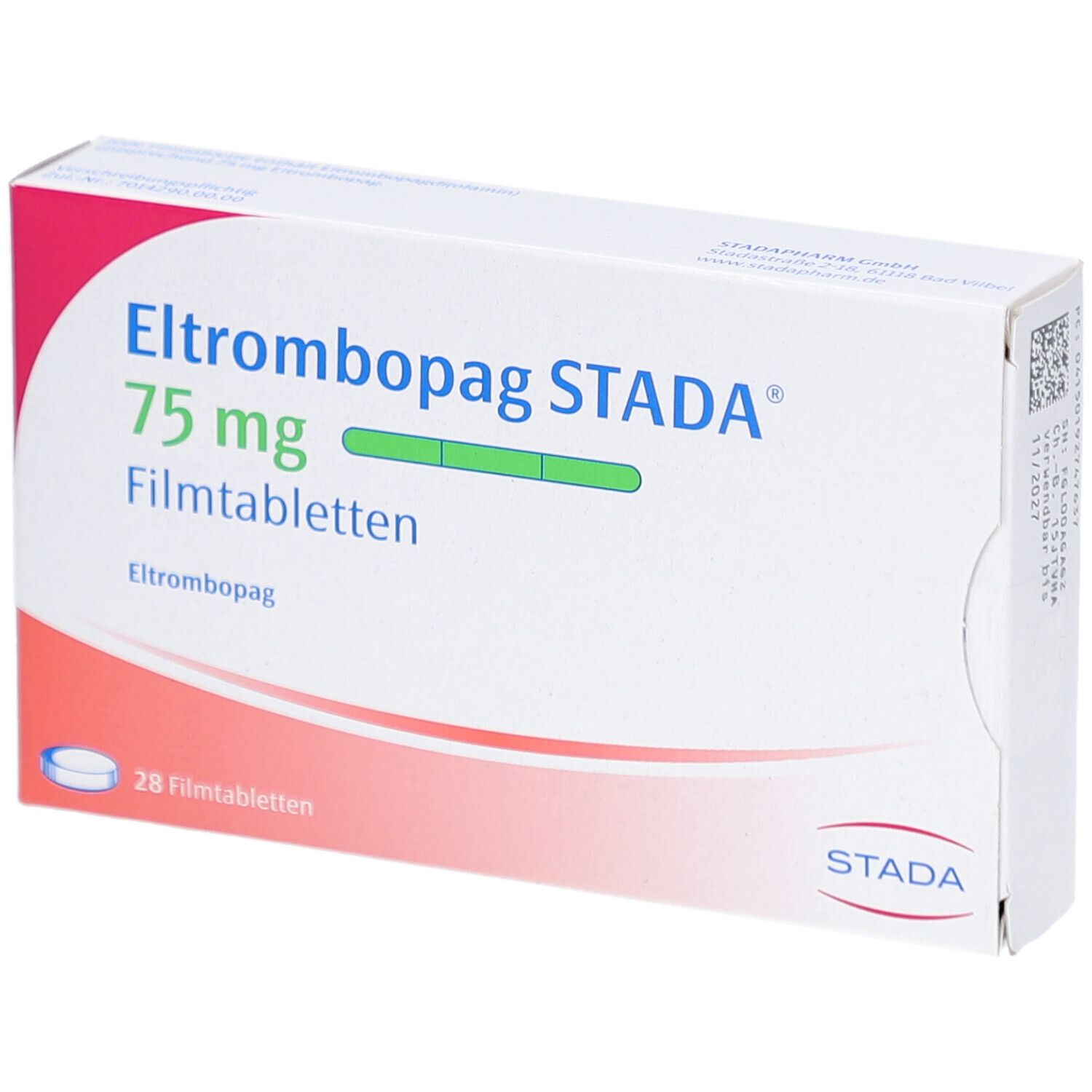 Schachtel mit ELTROMBOPAG STADA 75 mg Filmtabletten. Aufschrift: 28 Filmtabletten. STADA-Logo.