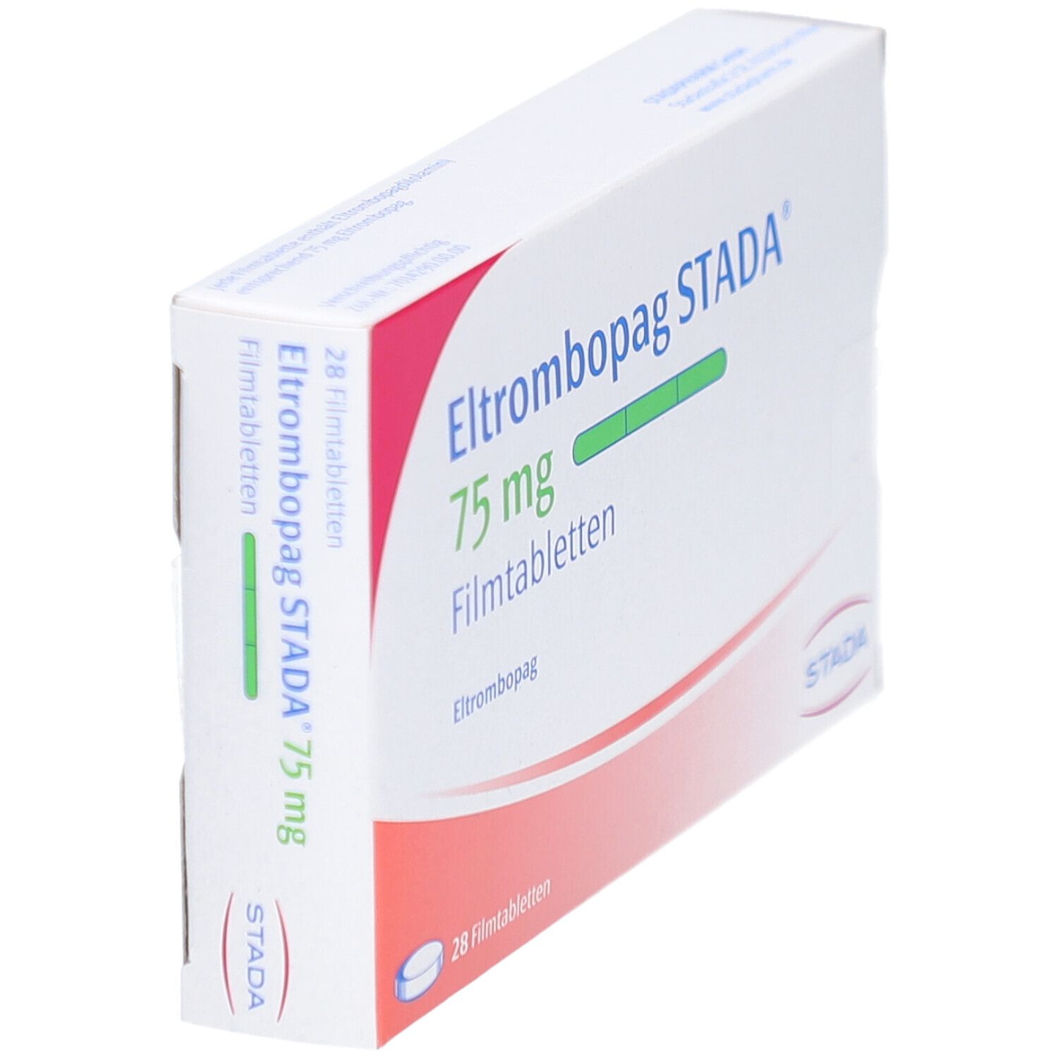 Schräg gestellte Schachtel mit ELTROMBOPAG STADA 75 mg Filmtabletten. STADA-Logo.