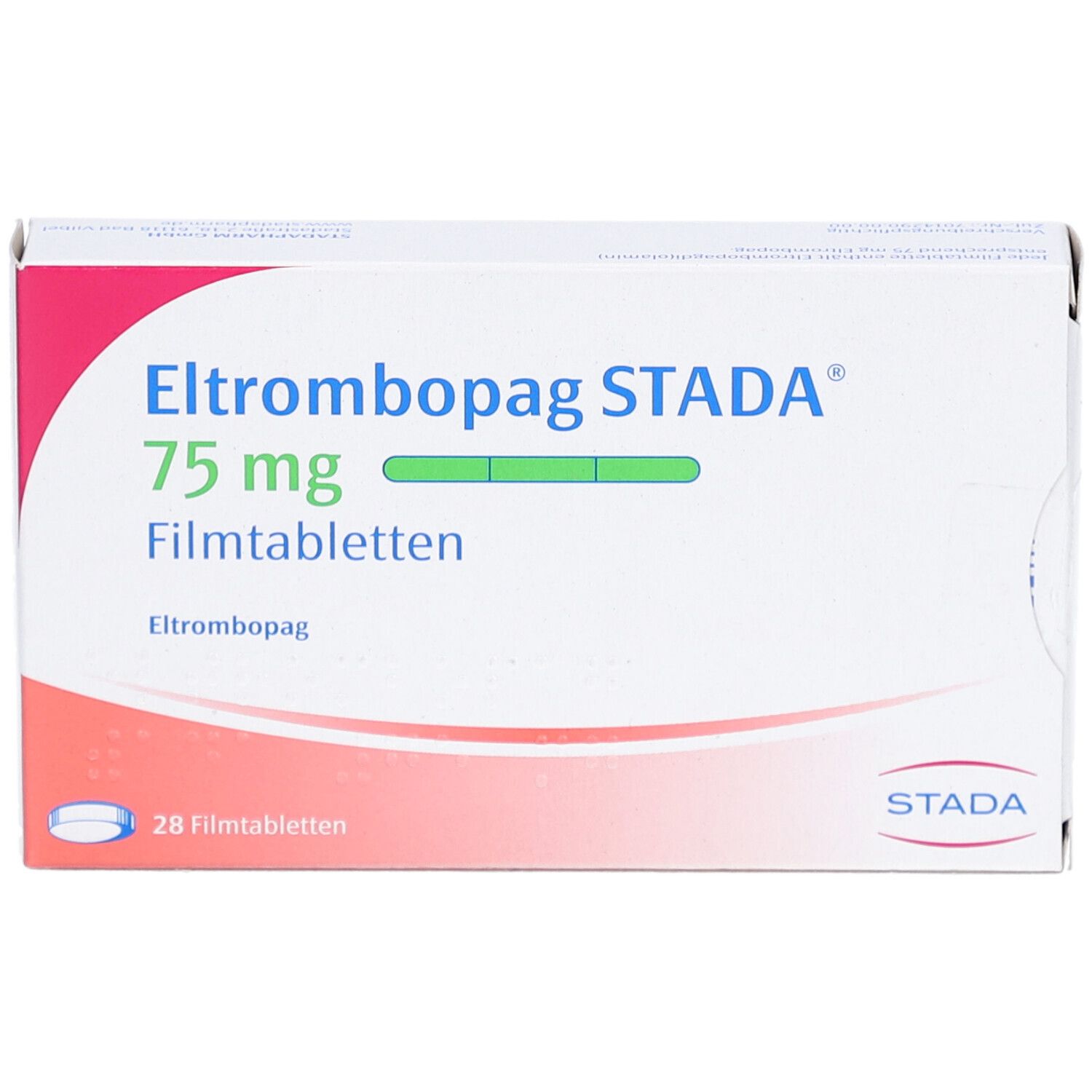 Schachtel mit ELTROMBOPAG STADA 75 mg Filmtabletten. Aufschrift: 28 Filmtabletten. STADA-Logo.