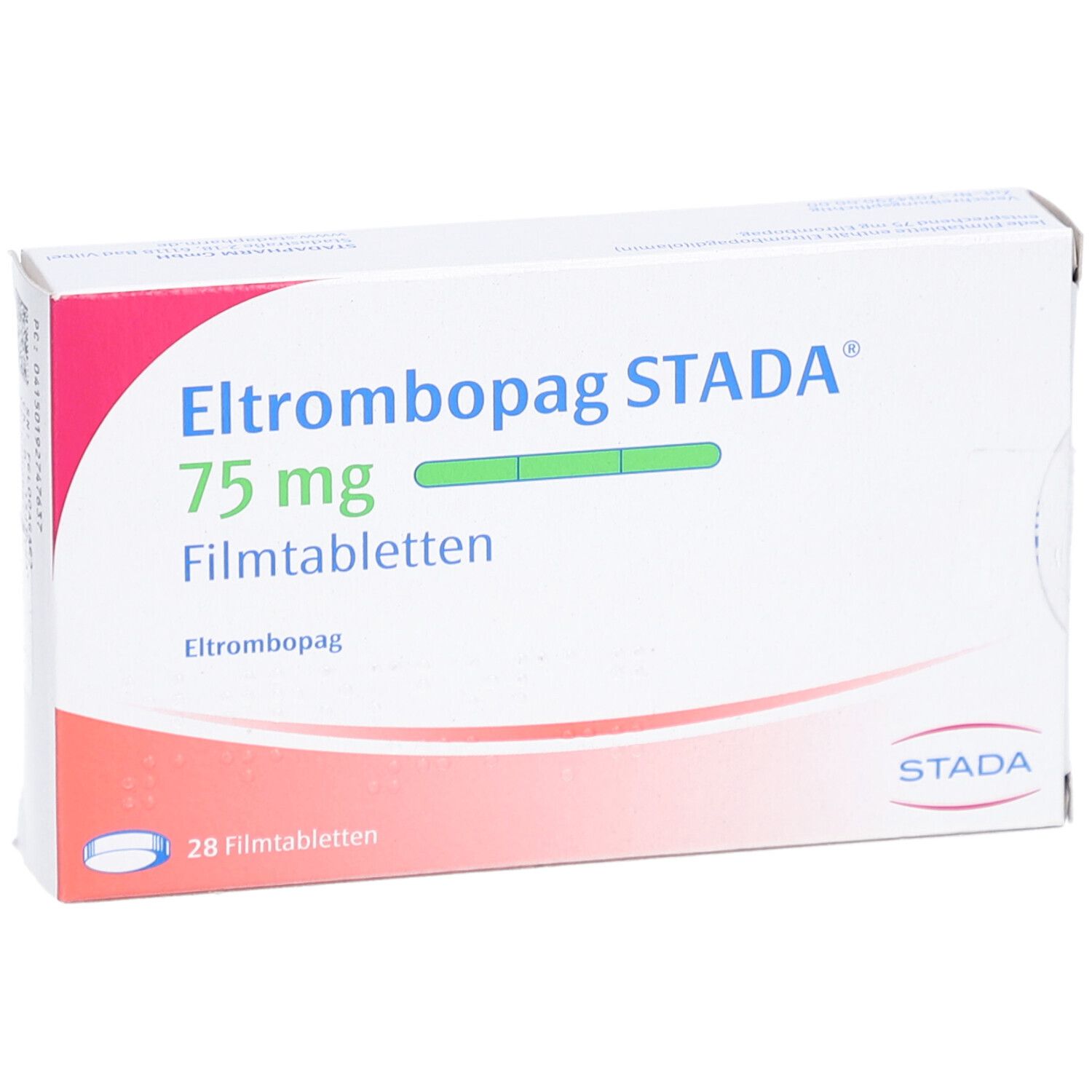 Schachtel mit ELTROMBOPAG STADA 75 mg Filmtabletten. Aufschrift: 28 Filmtabletten. STADA-Logo.