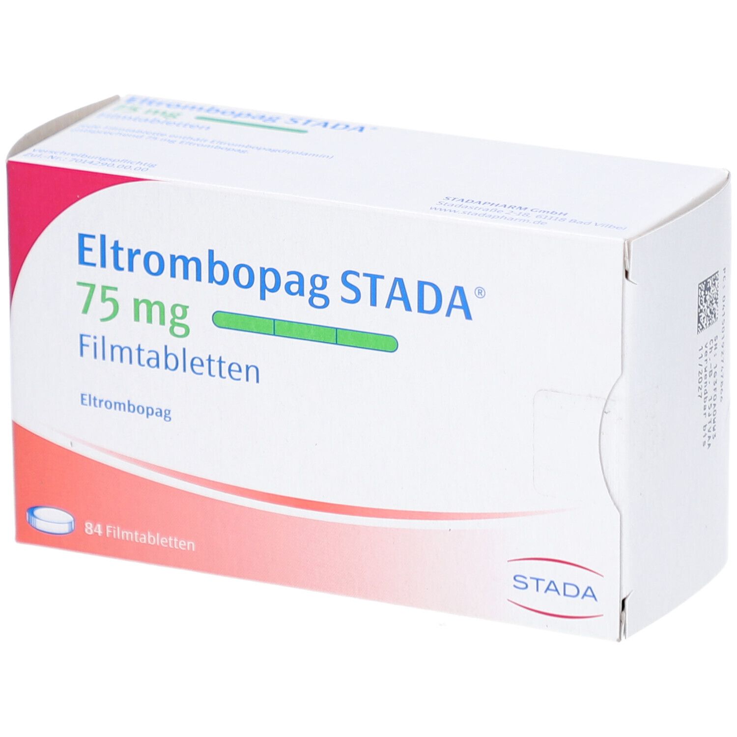 Schachtel mit ELTROMBOPAG STADA 75 mg Filmtabletten. Aufschrift: 84 Filmtabletten. Logo STADA.