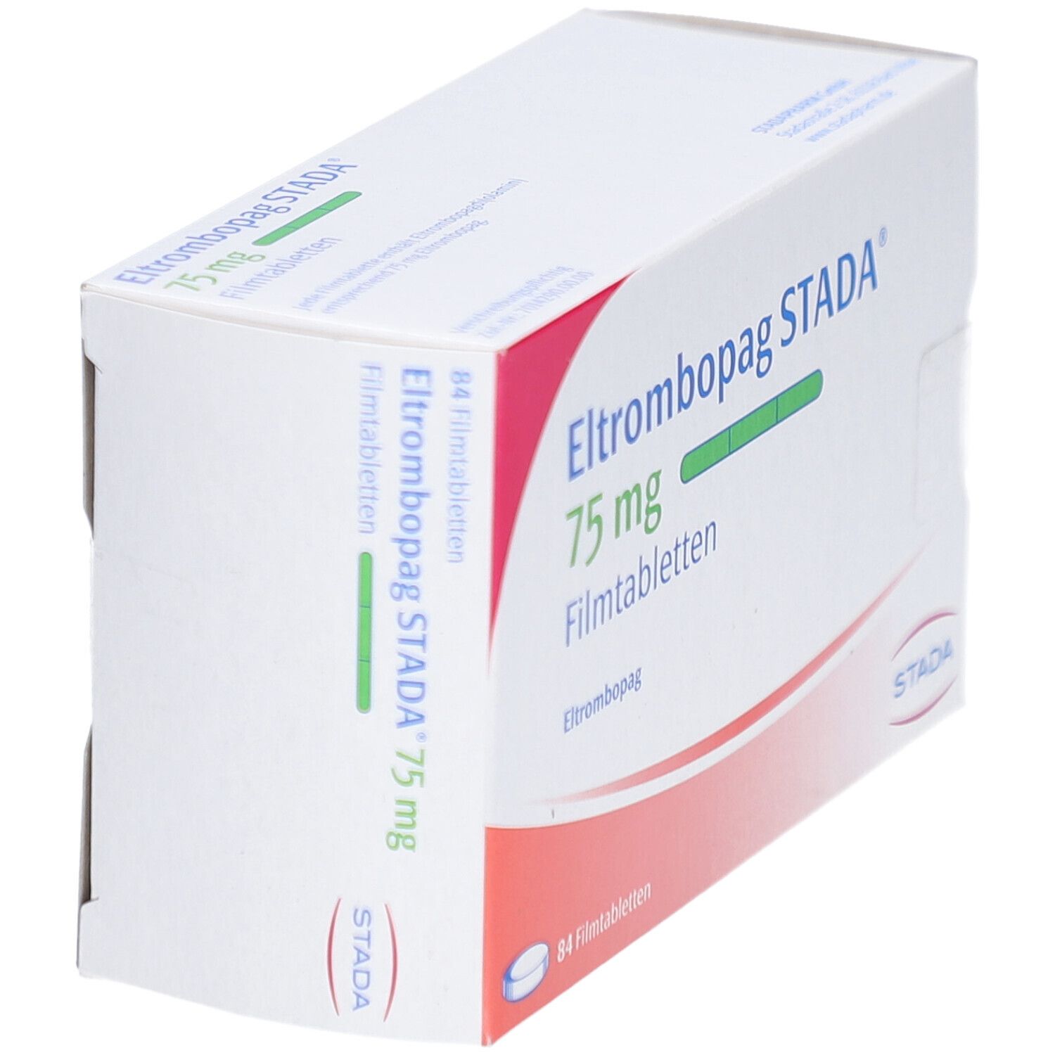 Schachtel ELTROMBOPAG STADA 75 mg Filmtabletten. Aufschrift: 84 Filmtabletten. Logo STADA. Ansicht schräg.