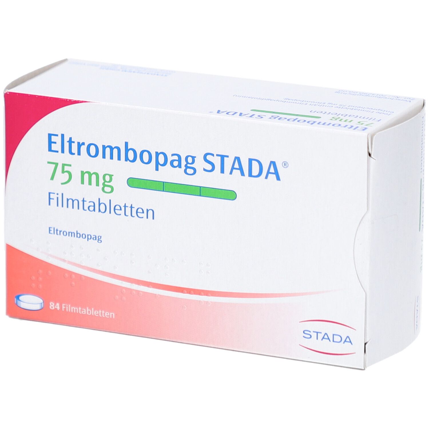 Schachtel mit ELTROMBOPAG STADA 75 mg Filmtabletten. Aufschrift: 84 Filmtabletten. Logo STADA.