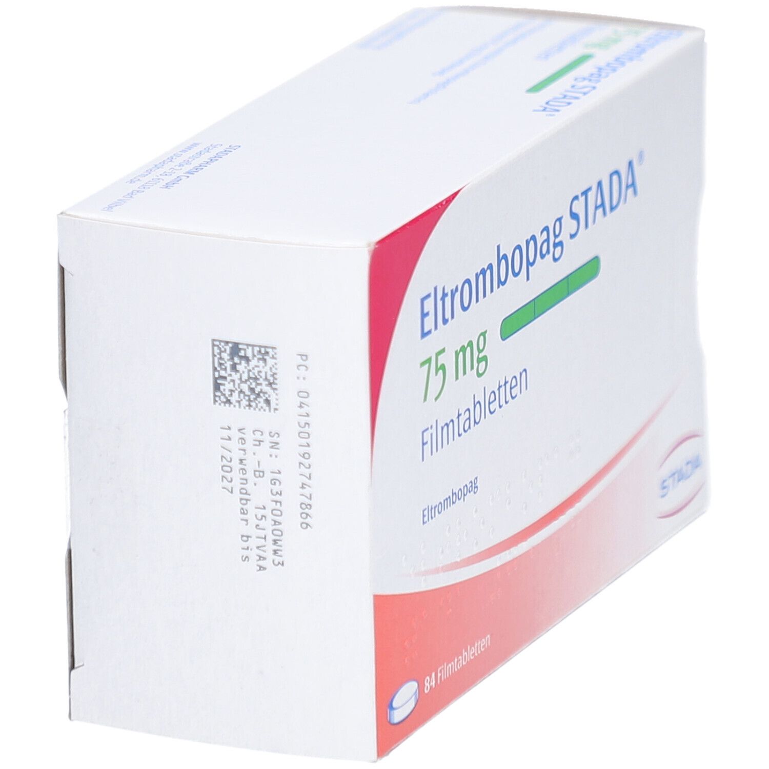 Schachtel ELTROMBOPAG STADA 75 mg Filmtabletten. Aufschrift: 84 Filmtabletten. Logo STADA. Rückseite mit Codes.